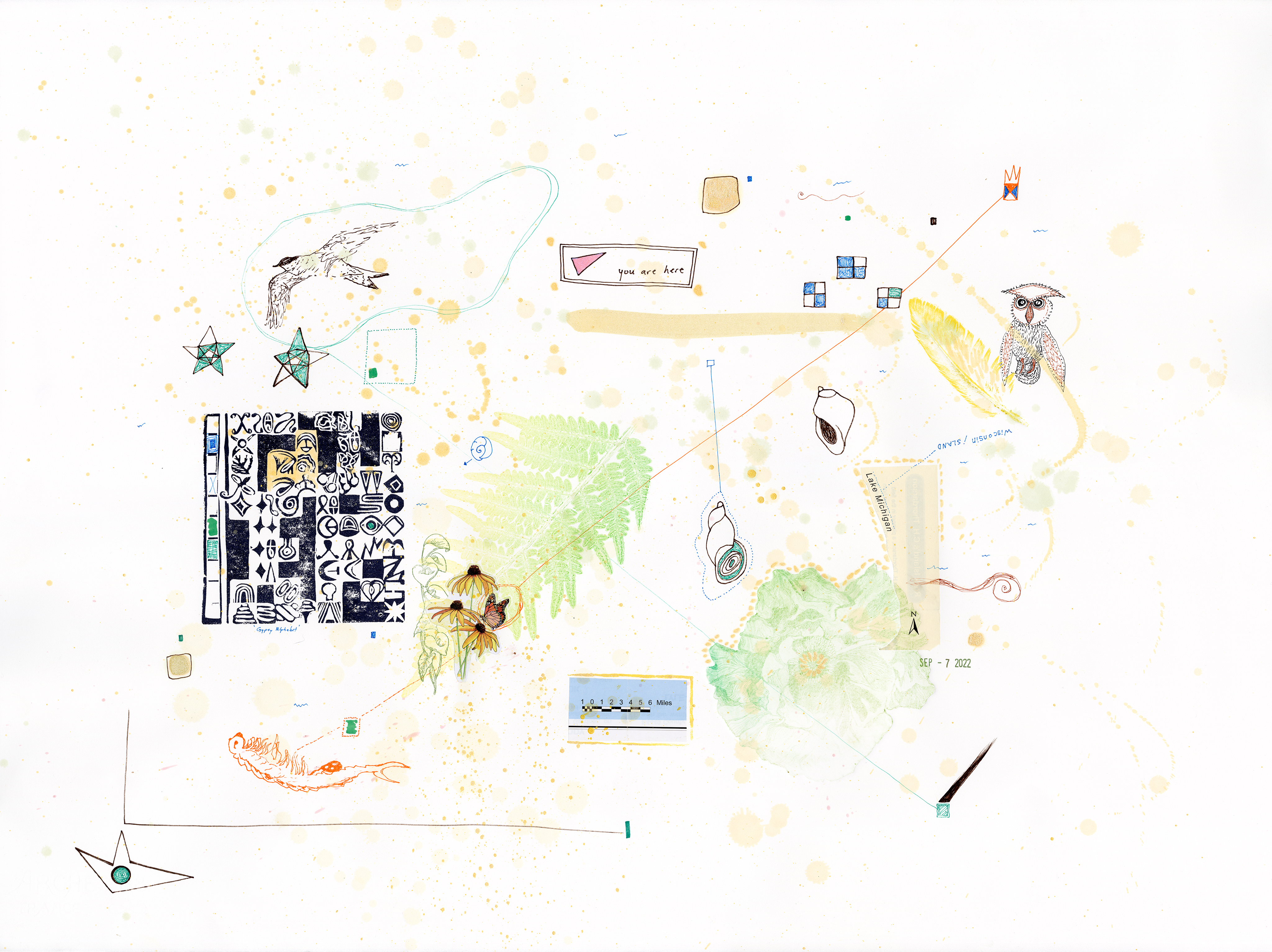 Drawing 25/56 from 56 days at the Dome House 22.5 x 30 inches, ink, Chine-collé, etching and stamps on Arches 88 paper - SOLD