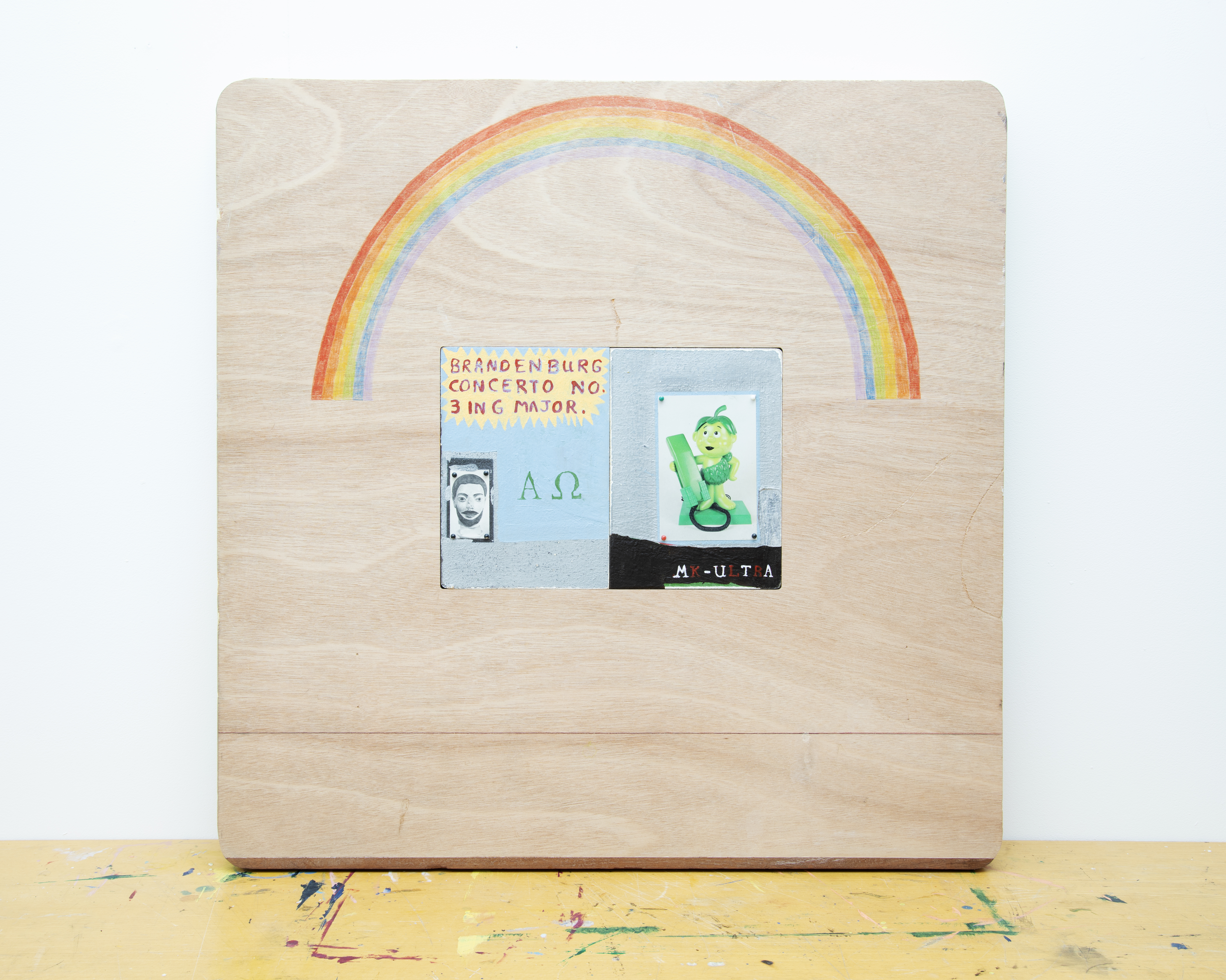 Division of labour, FRONT (75x75x5.5cm) Acrylic, photo-cut-outs & map pins on chipboard, set into fire-door W/ crayon, 2023