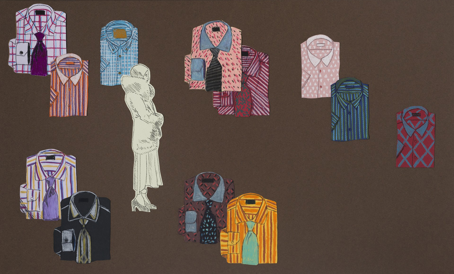 Las camisas. 30.3 x 50 cm. Papel cortado y lápiz de color sobre papel
