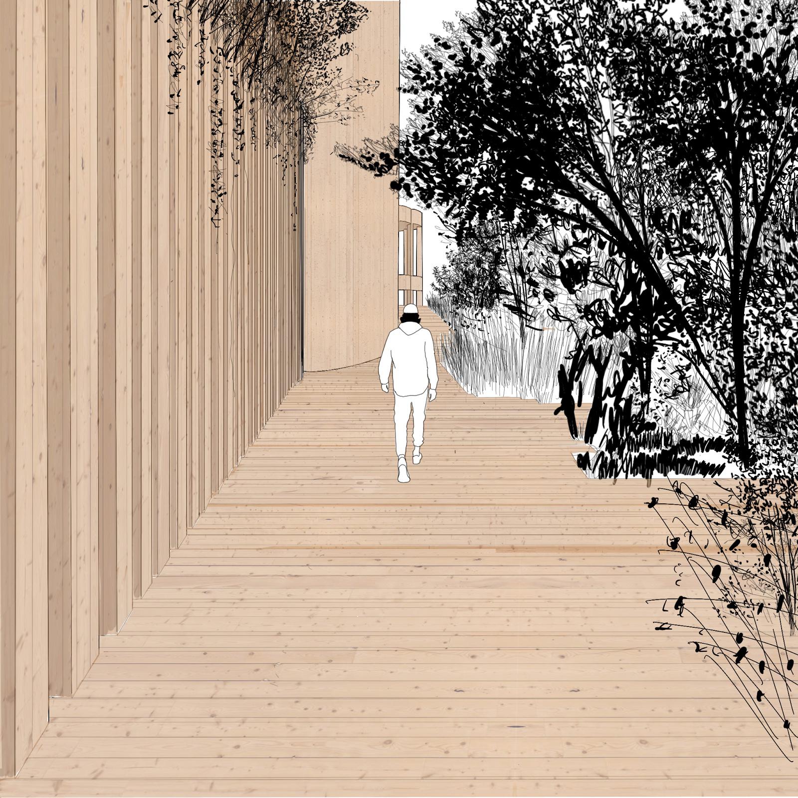 Path is at it most narrow, with highest frequency of architectural elements and vegetation passing by.