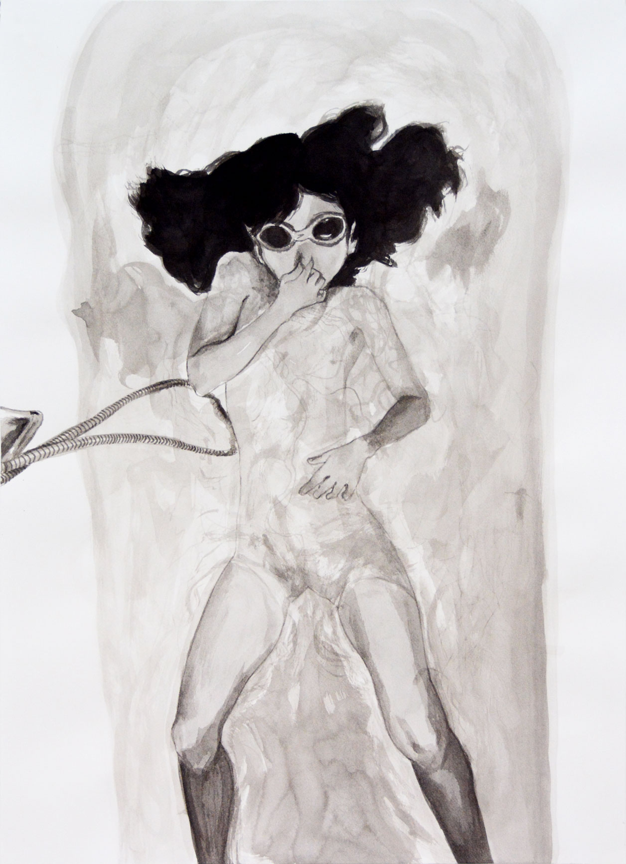 Drawing of a girl in a bathtub, wearing goggles, holding her breath underwater.