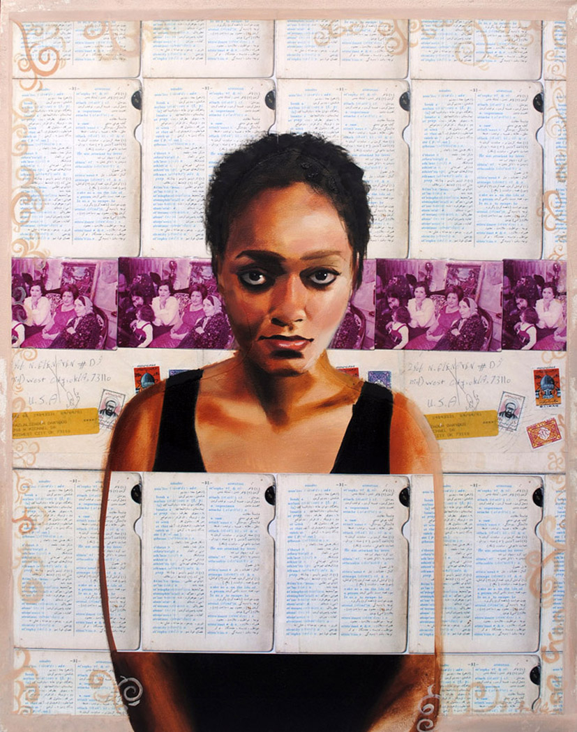 Iran To America To Being, oil and paper on canvas, 2011