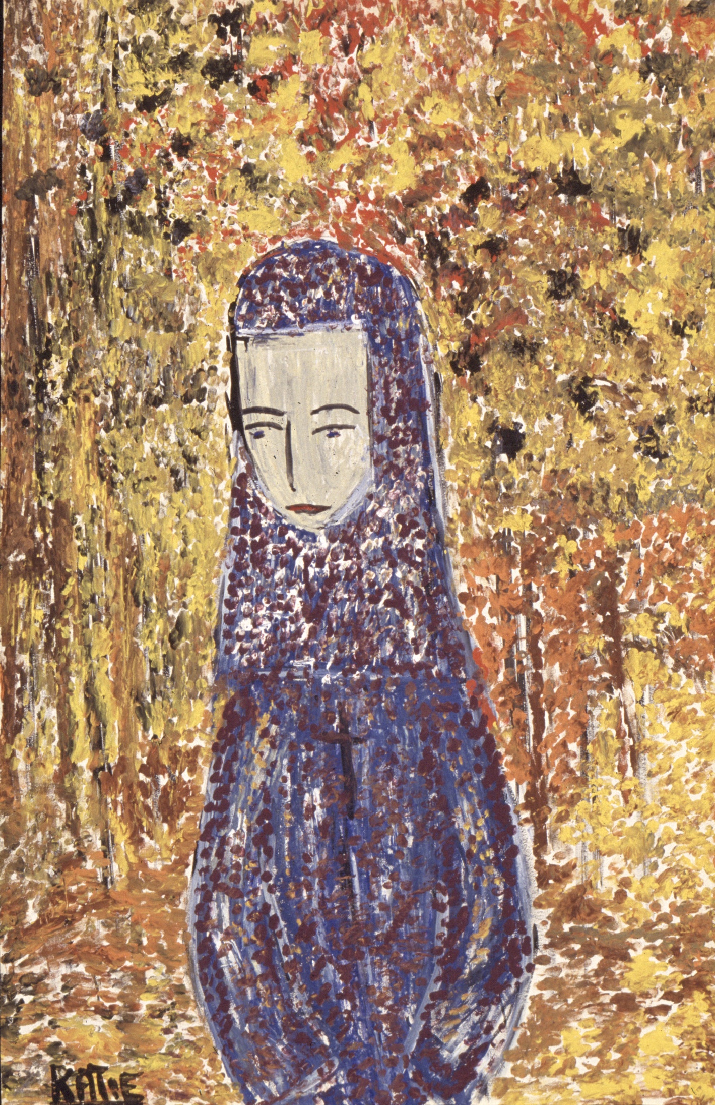 Nun In Blue-Violet Standing Against Yellow & Orange-Red Background