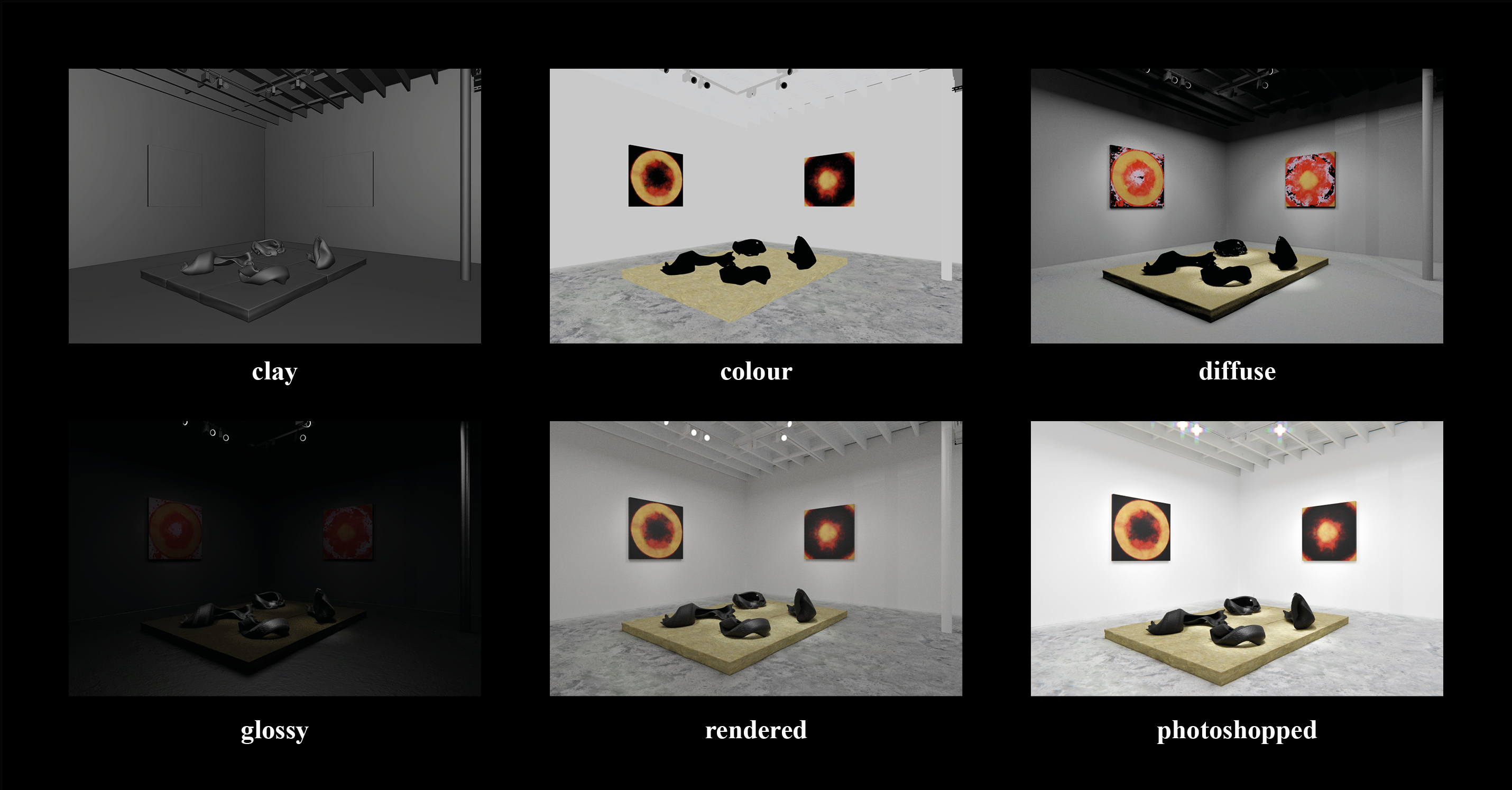 Discrete render layers from an installation shot of Cave Paintings