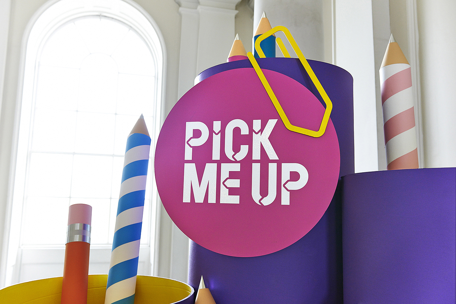 Pick Me Up Graphics Arts Festival, Somerset House. Collaboration with Studio EMMI on visual identity and three dimensional elements integrated throughout the exhibition space - Photography Jess Bonham