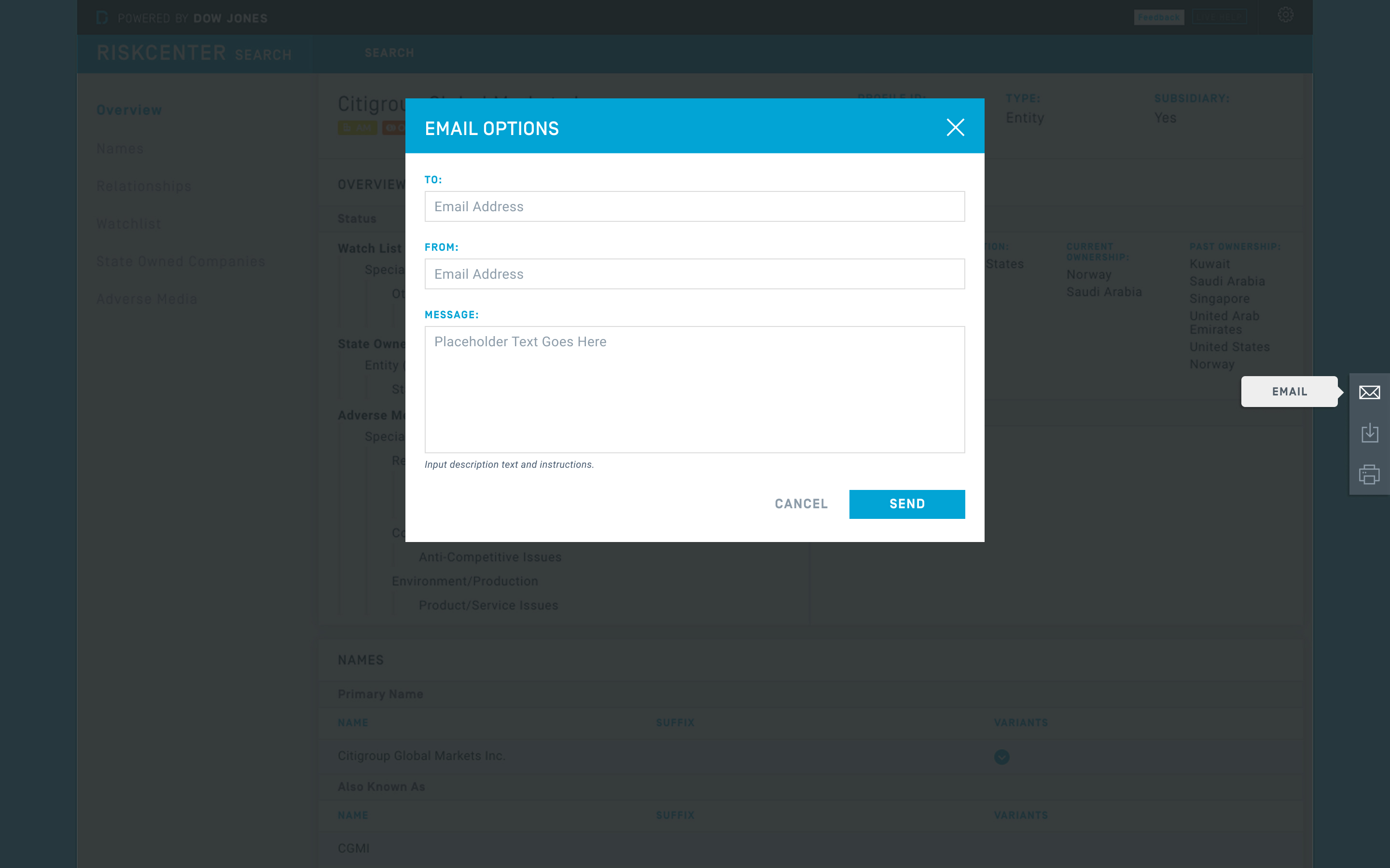 RiskCenter Search: Share Options (Email)