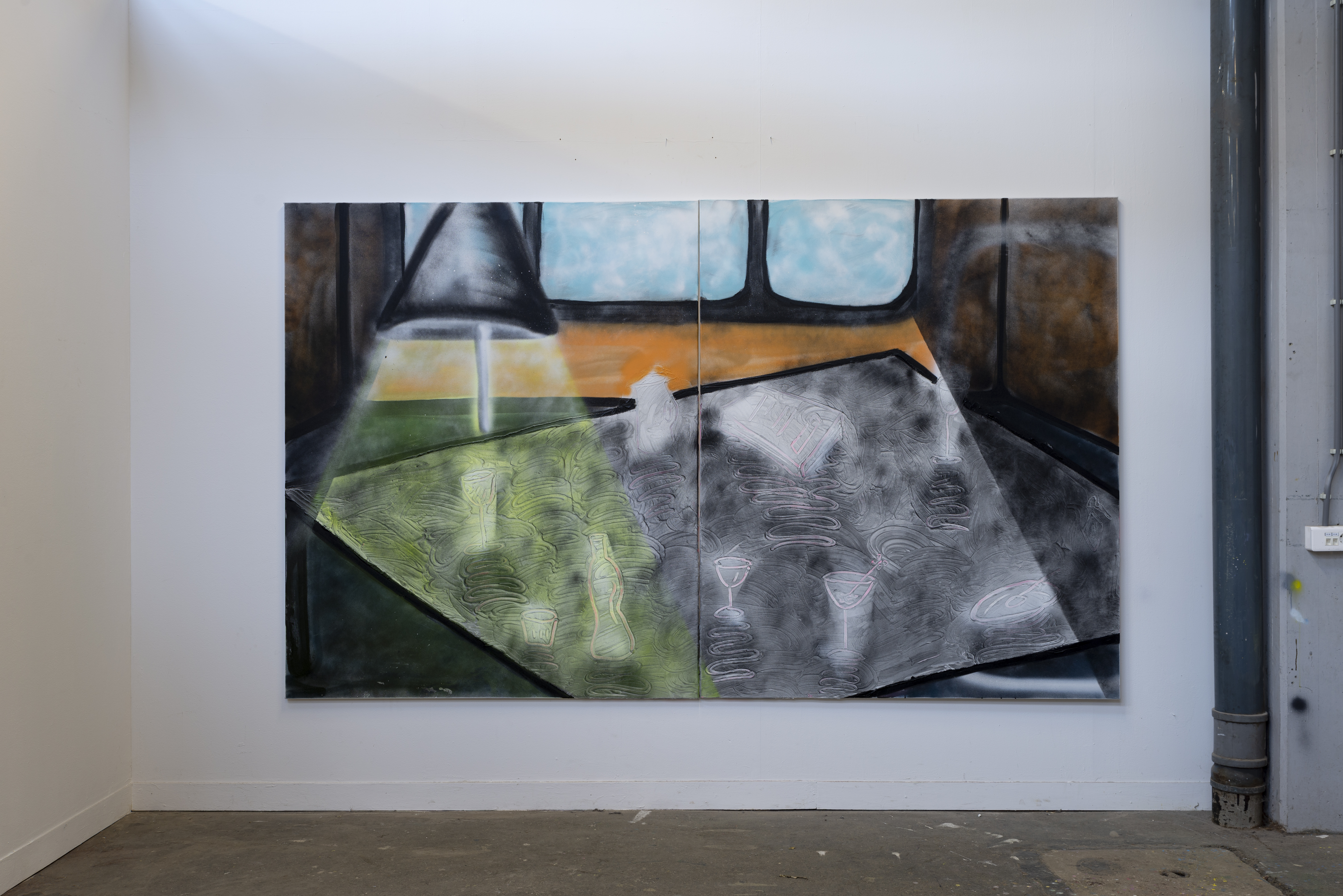 7 weeks in an Opel Corsa // 300 x 180 cm // Acrylics, plaster and spray paint on canvas // 2022
