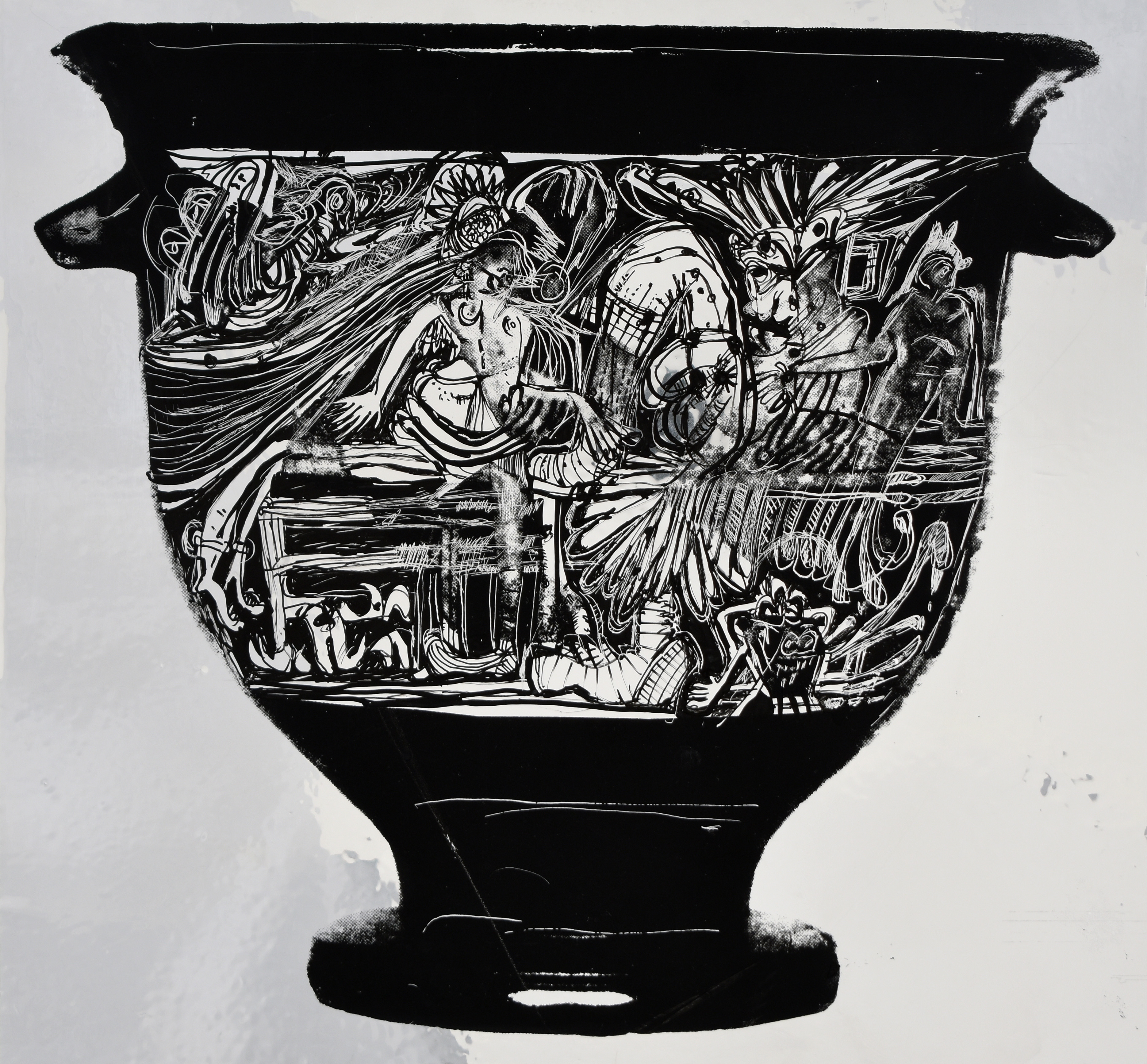 214546 (M.DR.02) A, B: Symposium, Youths Reclining, One Playing Kottabos, Women, Tables, Screenprint and acrylic drawing on double aluminized polyester film, 17 x 18.25 in., 2024