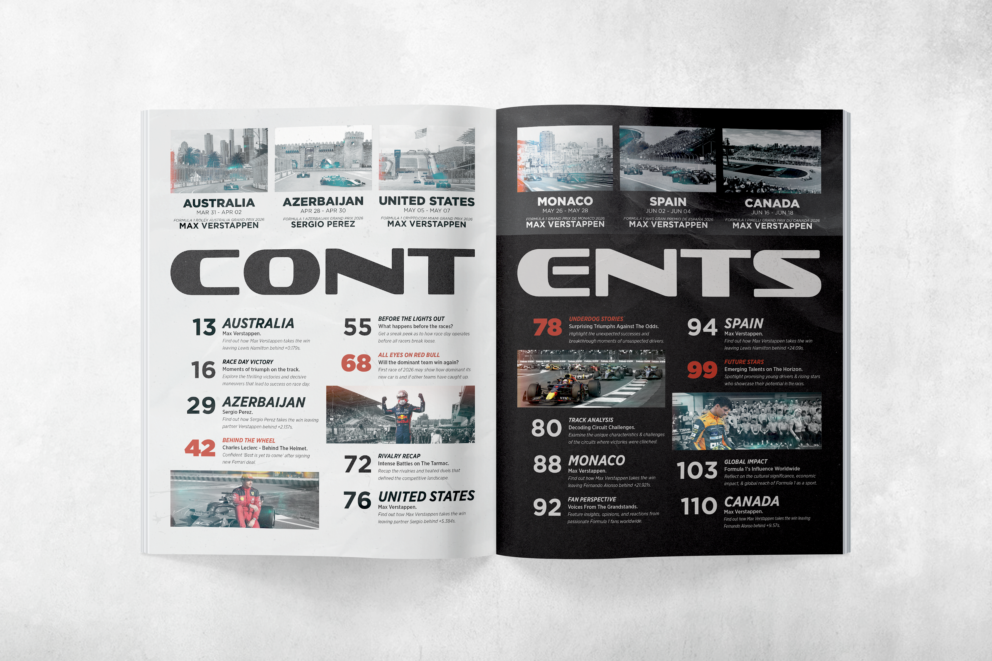 A magazine spread that features the contents of the Lights Out issue. It features a list of all of the races from the quarter as well as information of articles and specials that the magazine will cover.