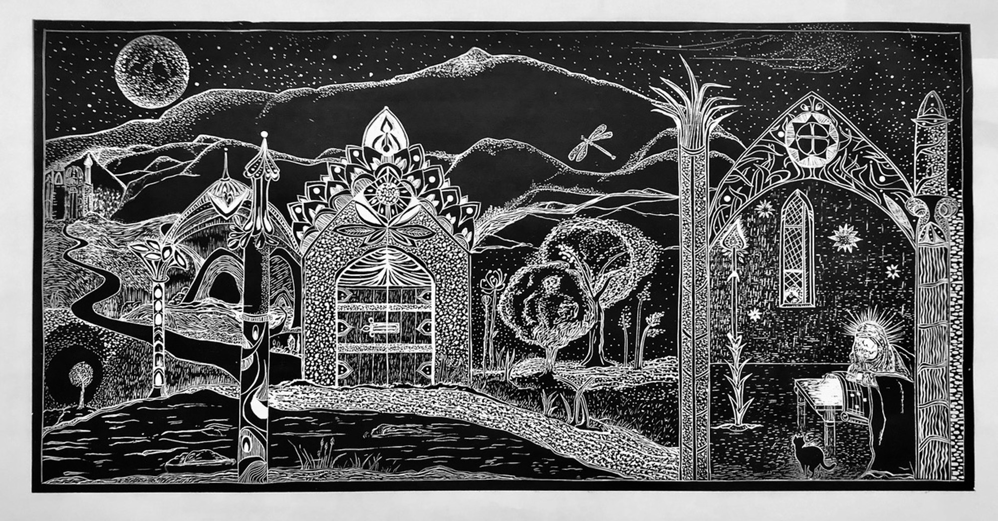 Hildegard von Bingen - 2020 - woodcut on cherry wood, Grafix ink on masa paper - 4’ x  2’