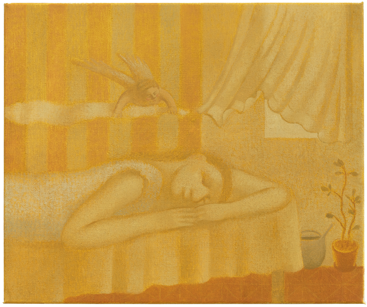 "Cochilo com anjo trazendo lençol", 2021, óleo sobre tela