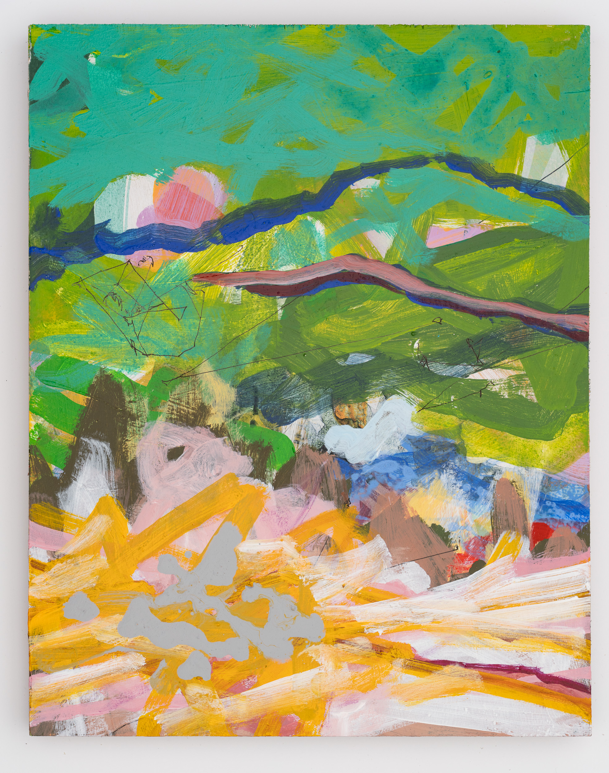 Gullied Green, 2025, acrylic and ink on panel, 15 x 12 inches