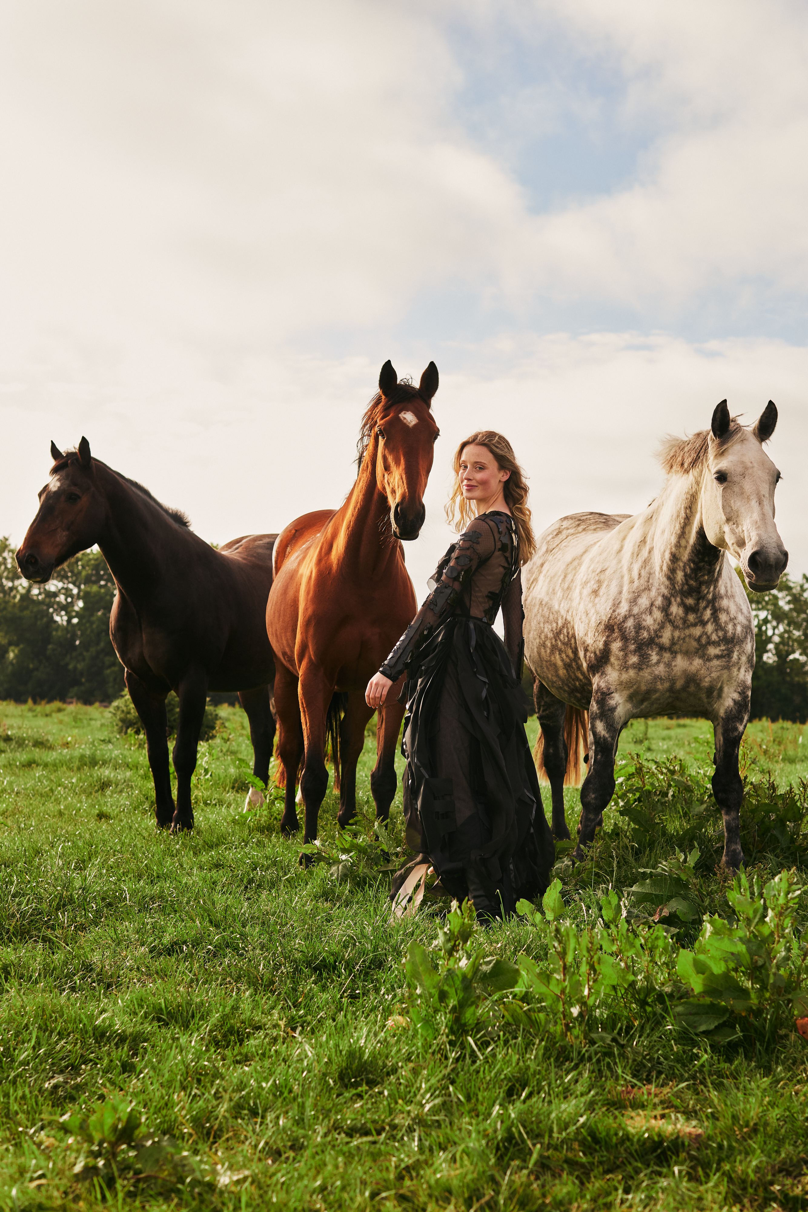 Stylish fashion editorial photoshoot in Dublin, Ireland, featuring a beautiful model unique pieces by Irish fashion designers. Photographed on a farm in Ireland, featuring horses and other farm animals. Photographed for Image Magazine by Alex Sheridan, with fashion stylist Anne O’Shea.
