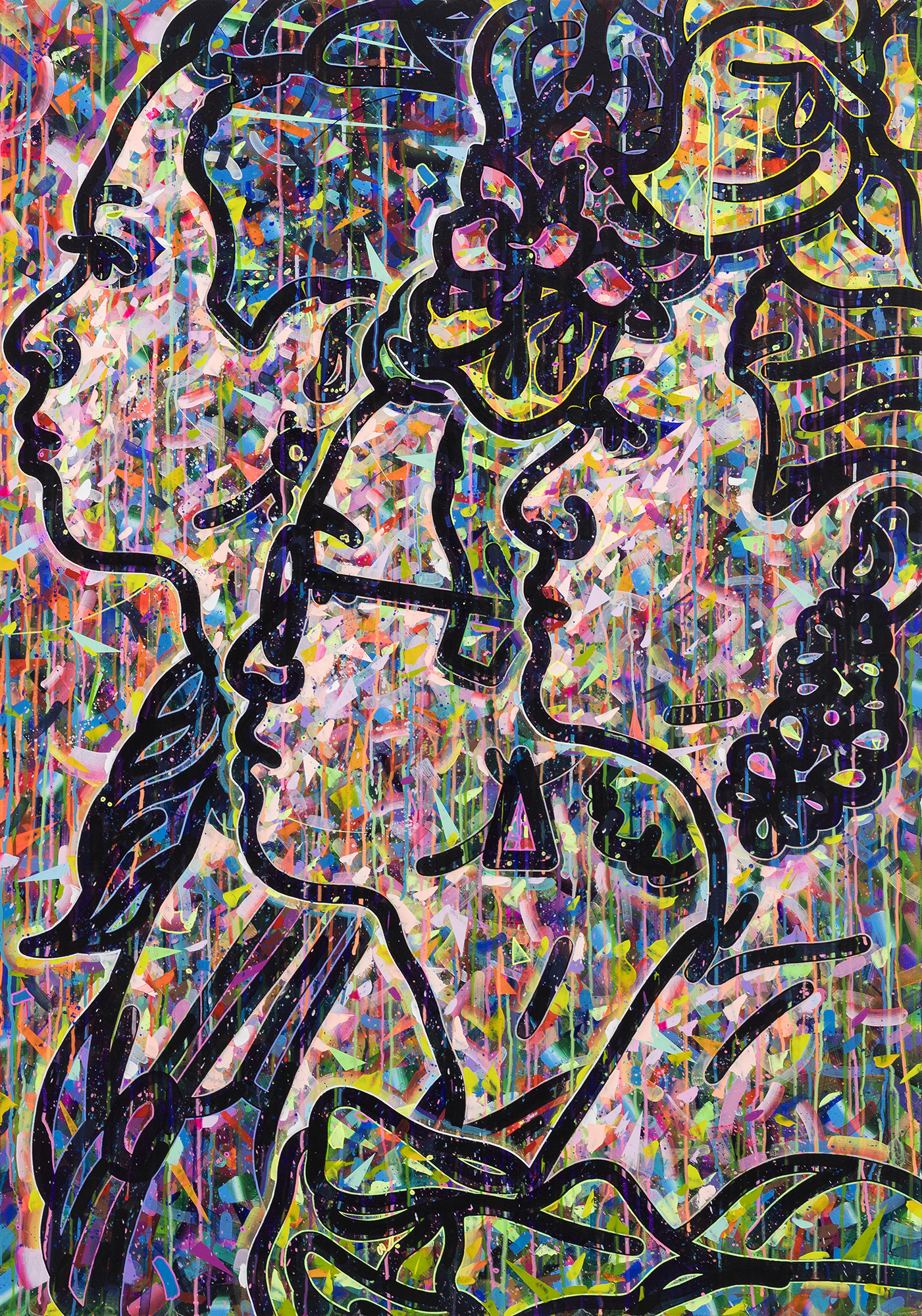 〈The Q #9(이산, 이영, 썸머)〉, 2019, 캔버스에 아크릴, 색연필, 스프레이 페인트, 145.5 &times; 102cmThe Q #9(Yisan, Yiyeong, Summer), 2019, acrylic, color pencil, spray paint on canvas, 145.5 &times; 102cm