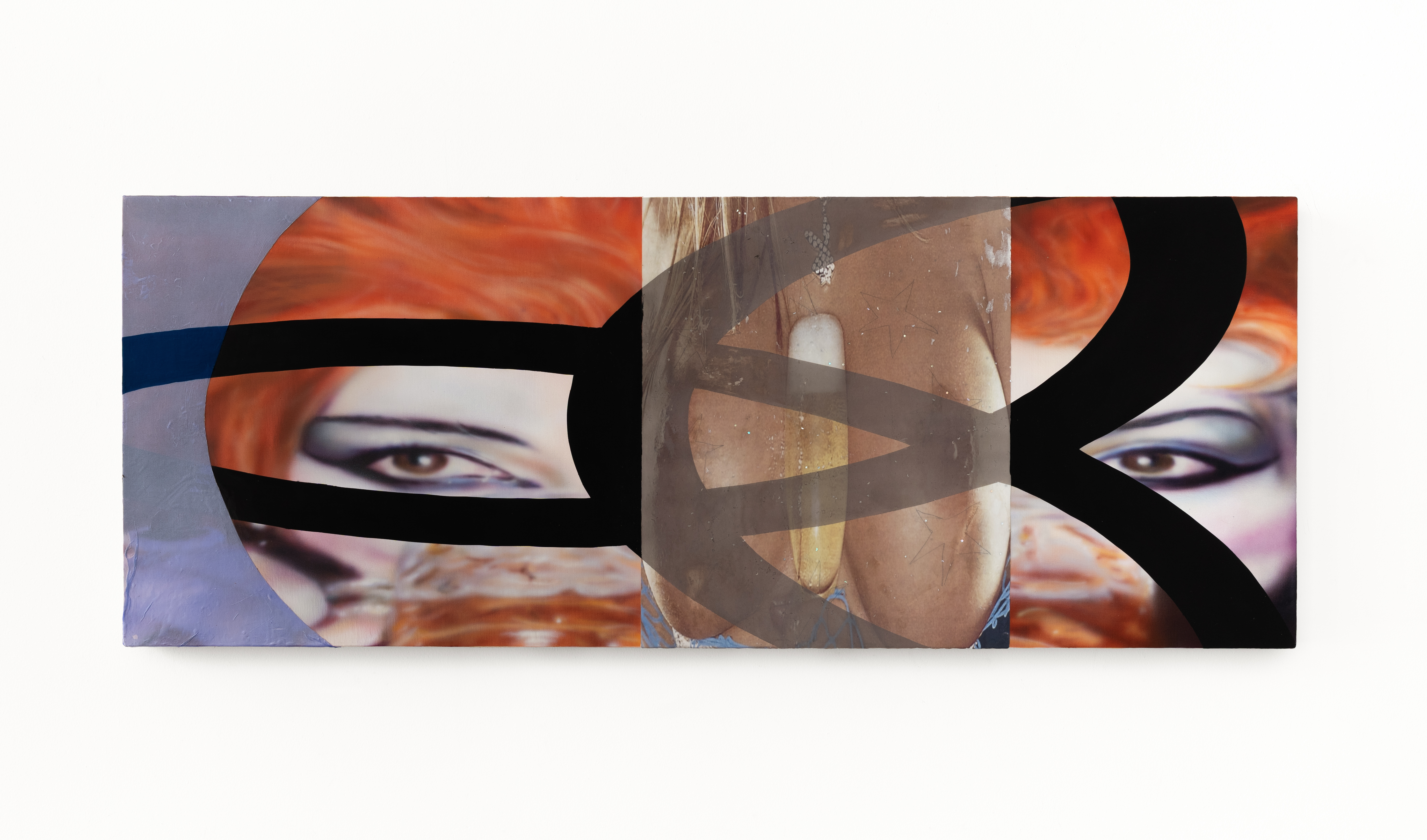 Community chess and, acrylic, pigment transfer, thermochromic ink, flashe and glitter on linen, 18 x 47 in, 2025