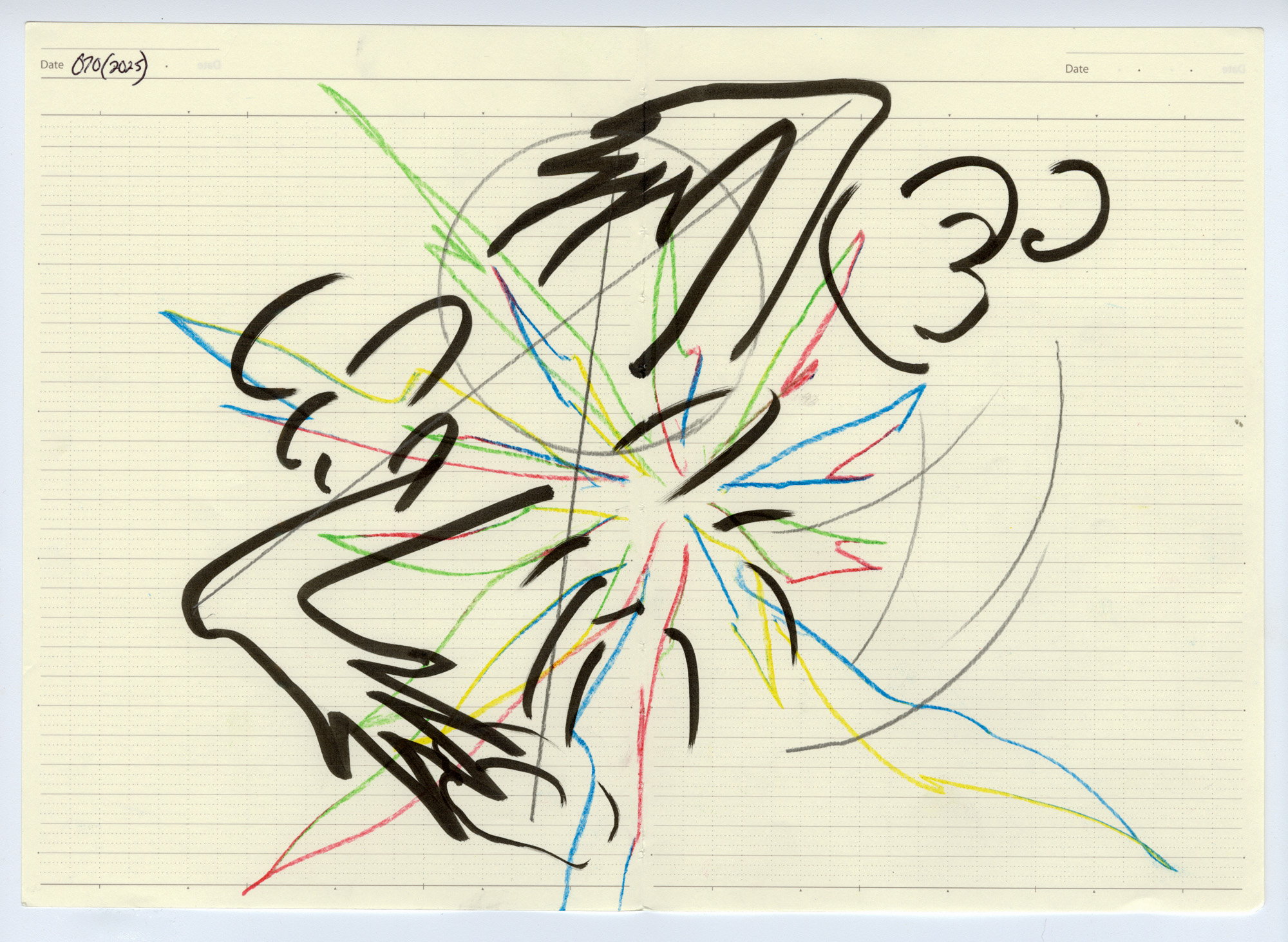 070. 2025. Graphite, colored pencil, and marker on ledger paper. 11.5" by 7.875"