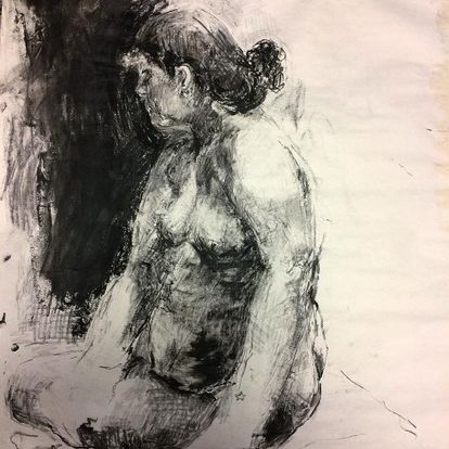 Julie Seated, 2017, charcaol and water on newsprint, 20 x 30 inches