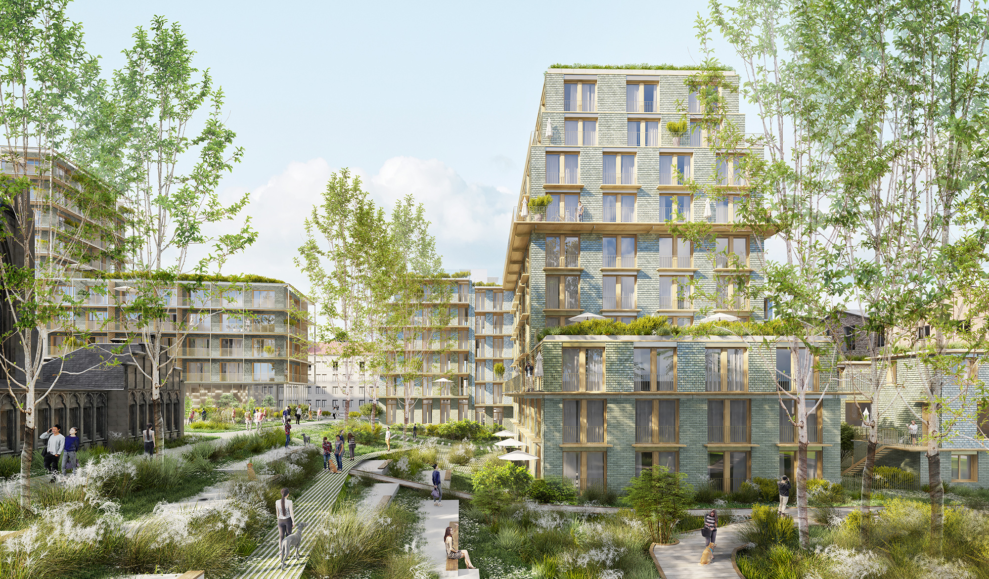 Vue des bâtiments du cœur d'îlot depuis le jardin