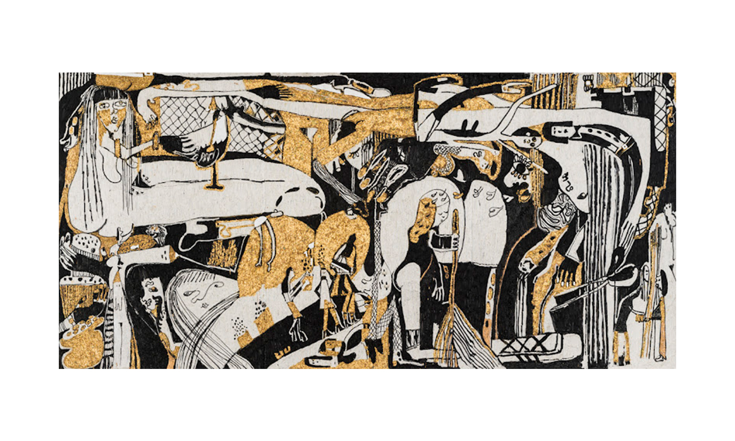 “We Run Things” 2016, acrylic, gold leaf on aluminum mesh, 69" x 144"