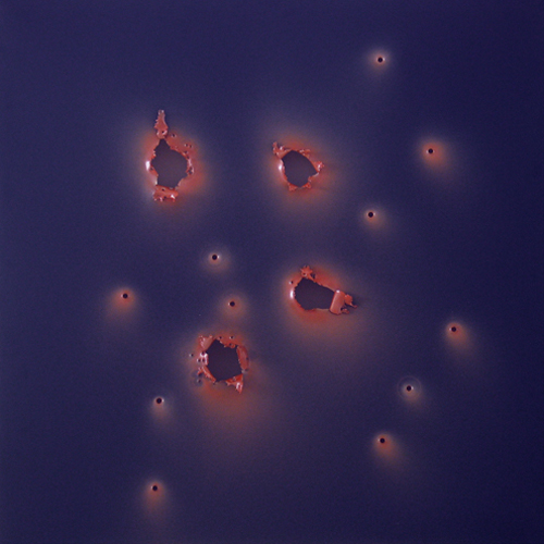Polychromaculate #4, 2003, aluminum with gunshot, 42x42 in