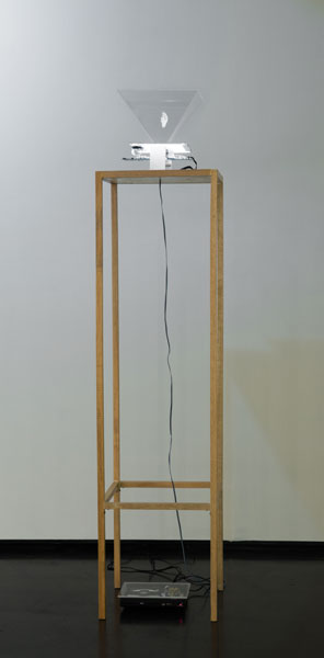 Estudo para holografia - videoescultura e projeção holográfica - madeira, acrílico, tela de led, placa de vídeo e DVD, 190 x 40 x 40 cm, N / A, 2015