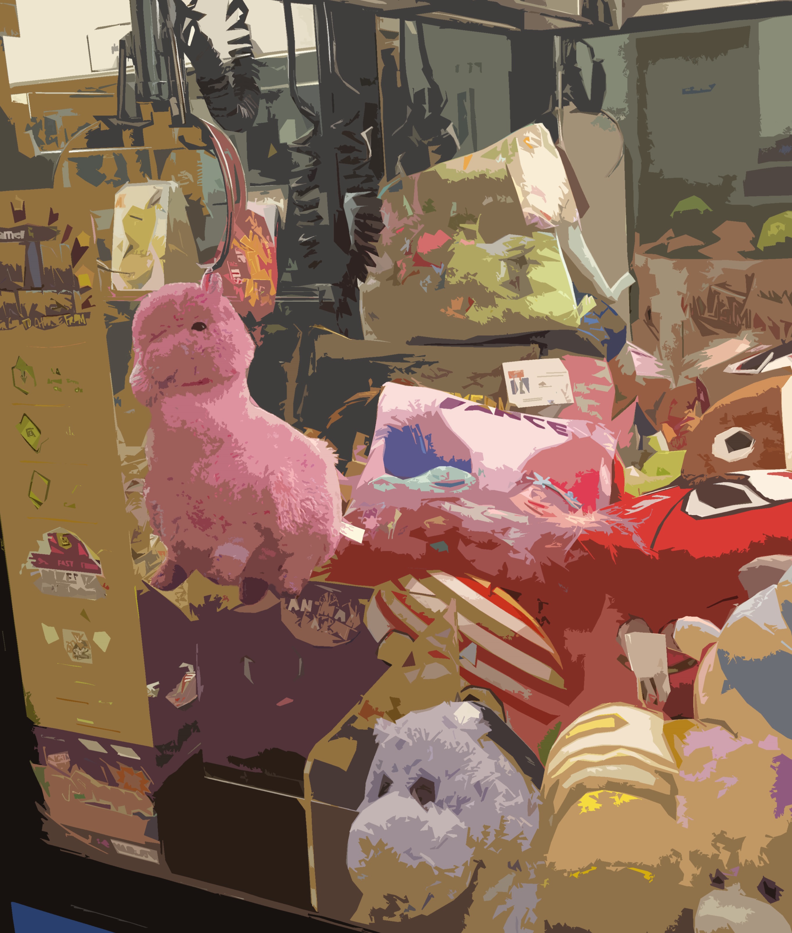 Bre Skye, Hey, No Fair (2020). Digital image. Courtesy of the artist. Image description: in a claw machine full of colourful toys, a stuffed pink llama hangs over the prize chute. The llama is stuck by its ear on the metal claw and is unable to fall. The photograph has a strong posterised effect.