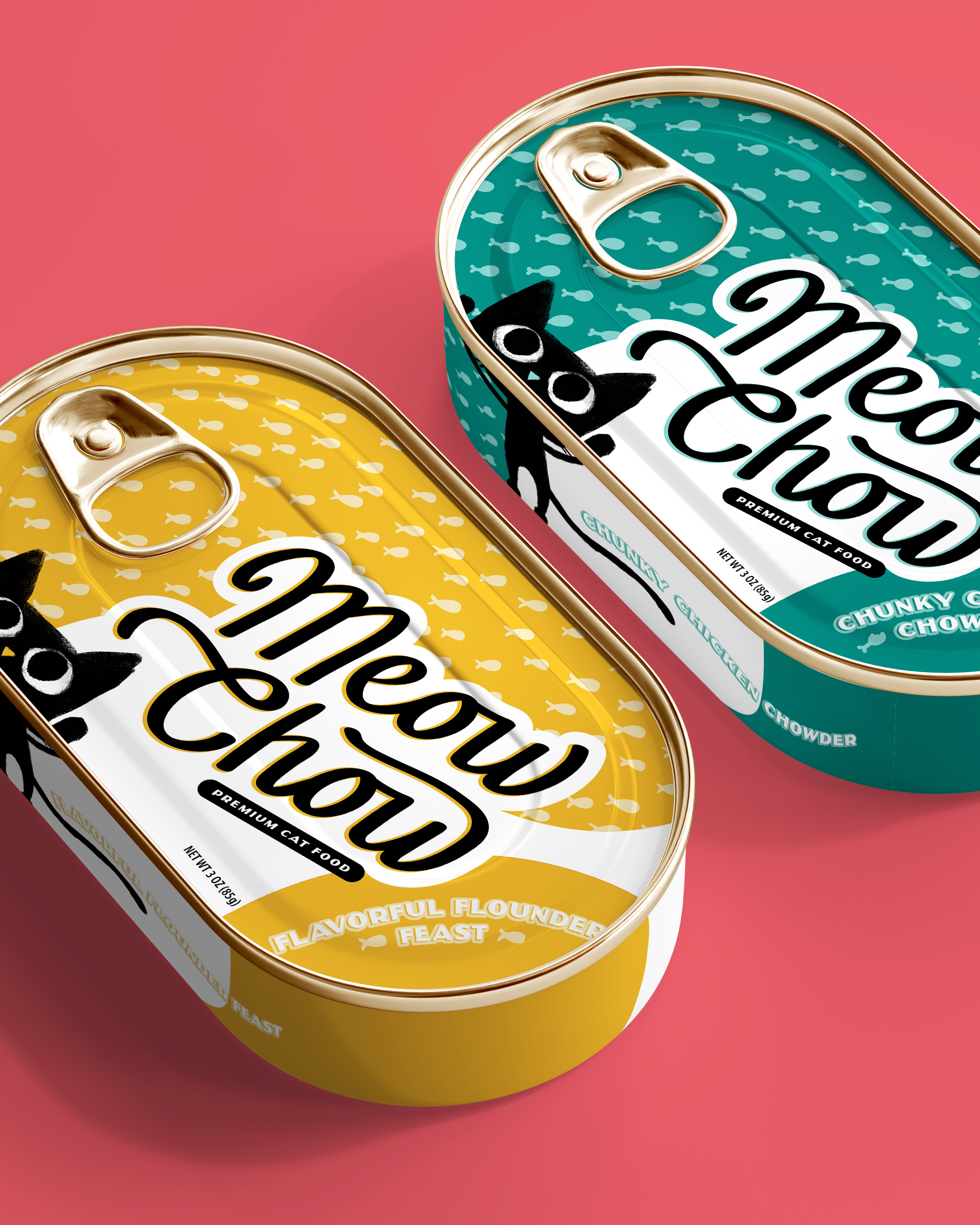 Detail shot of tins for Flounder and Chicken flavors side-by-side.