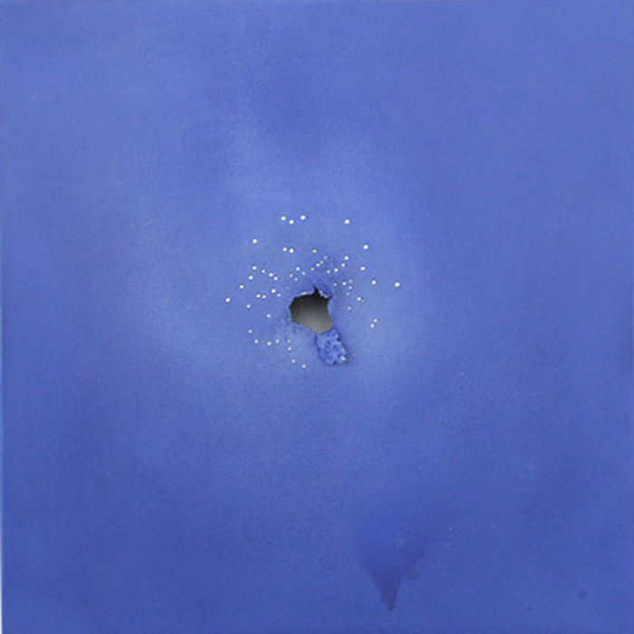 kleifontanano #24, 2003, oil on aluminum with gunshot, 22x22 in