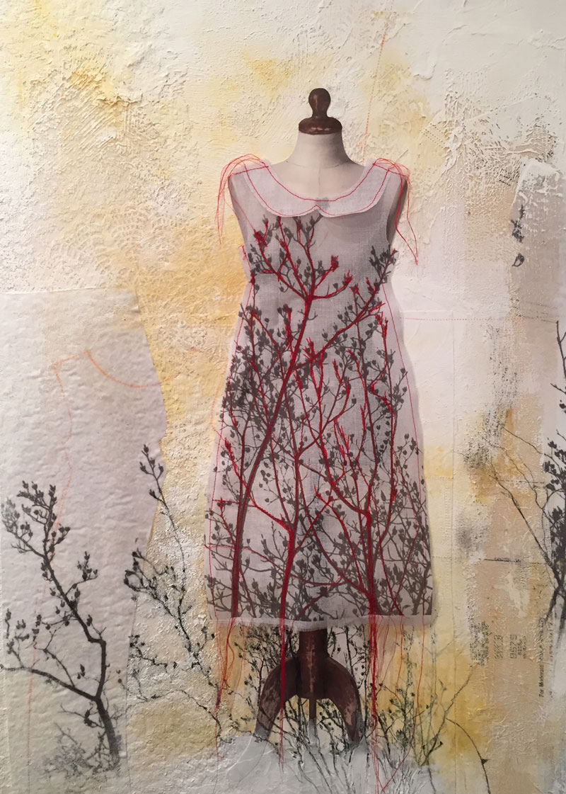 Red Thread Dress 2017  Mixed media on board 20" x 30"