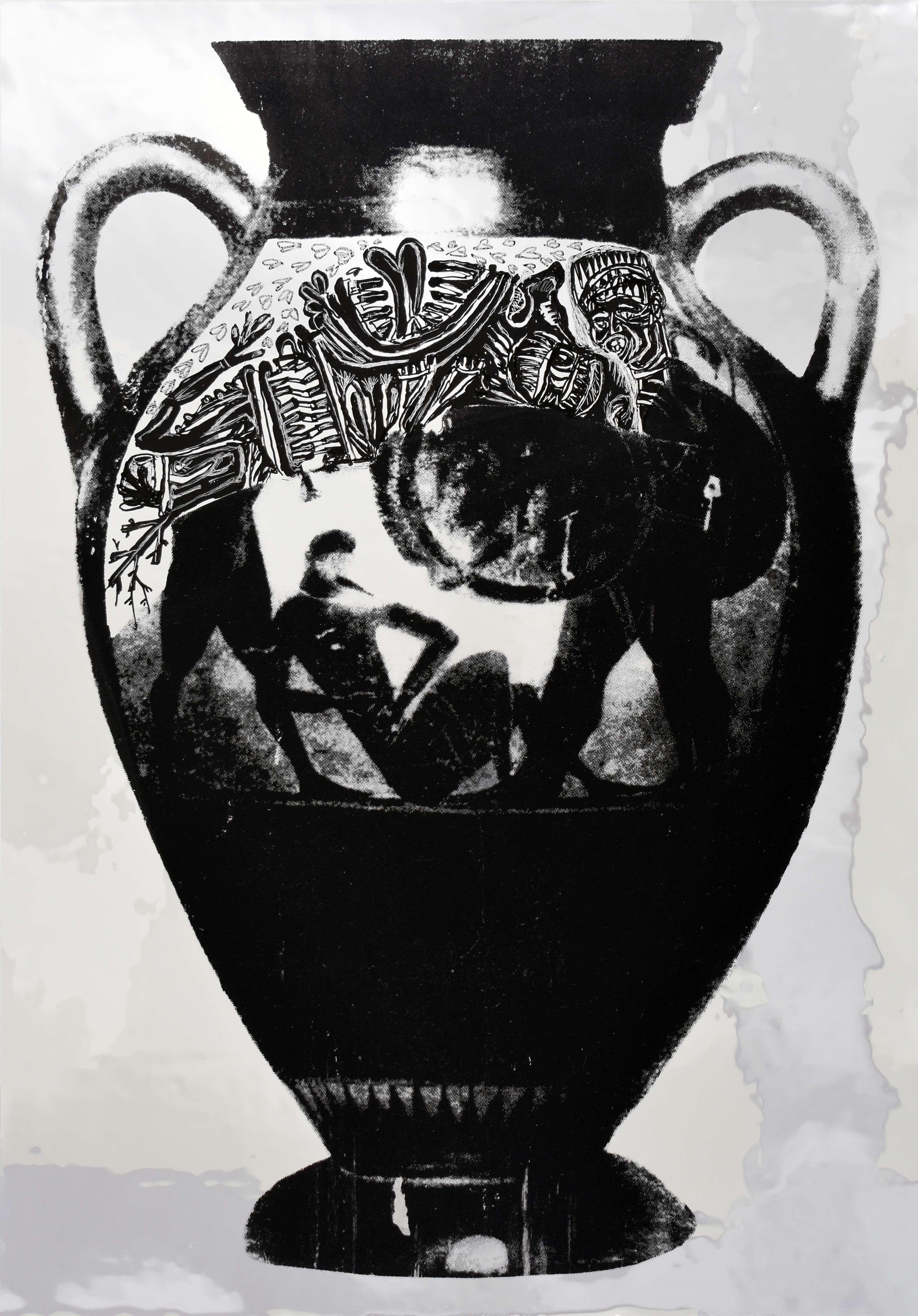 301037 (M.DR.01) A: Herakles and Geryon, Eurytion Fallen. B: Herakles and The Lion Between Athena and Iolaos, Screenprint and acrylic drawing on double aluminized polyester film, 17.75 x 12.25 in., 2024