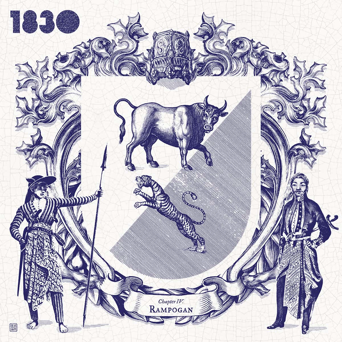 This heraldic emblem depicts a rampogan, a ritual fight between buffalo and tiger once staged by the courts of Surakarta and Yogyakarta.