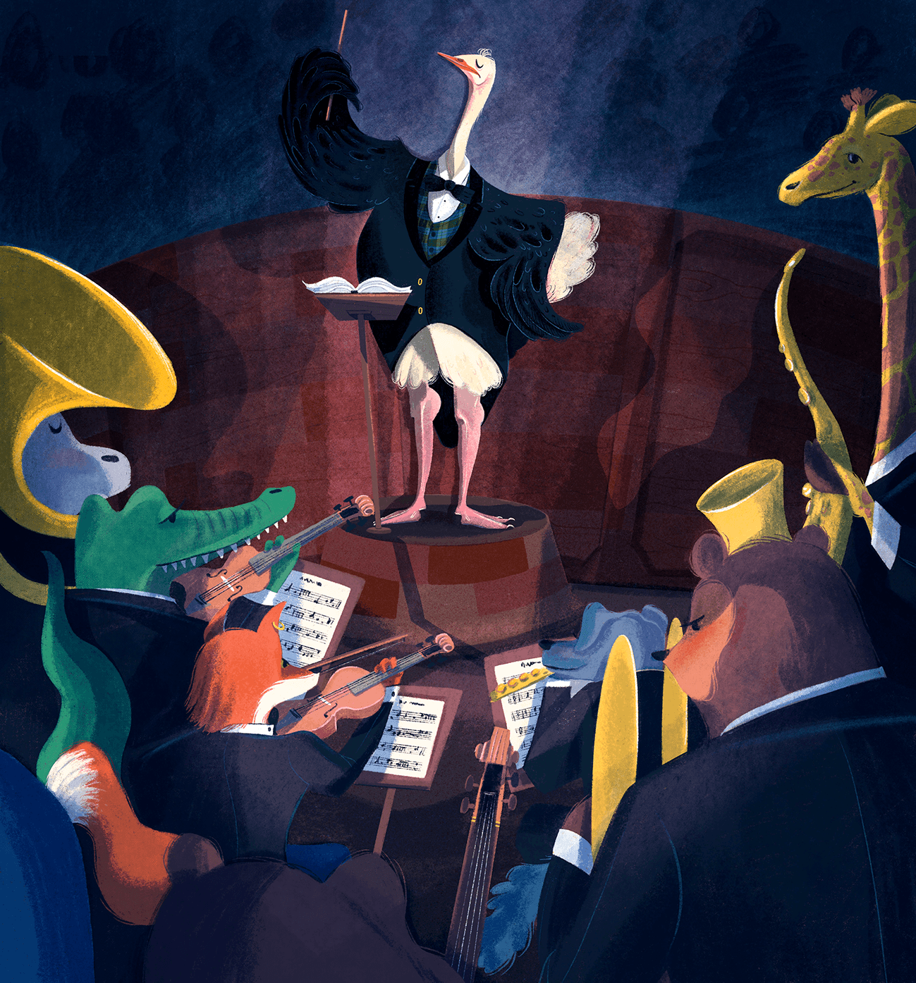 An ostriche maestro conducting their orchestra with other animals.