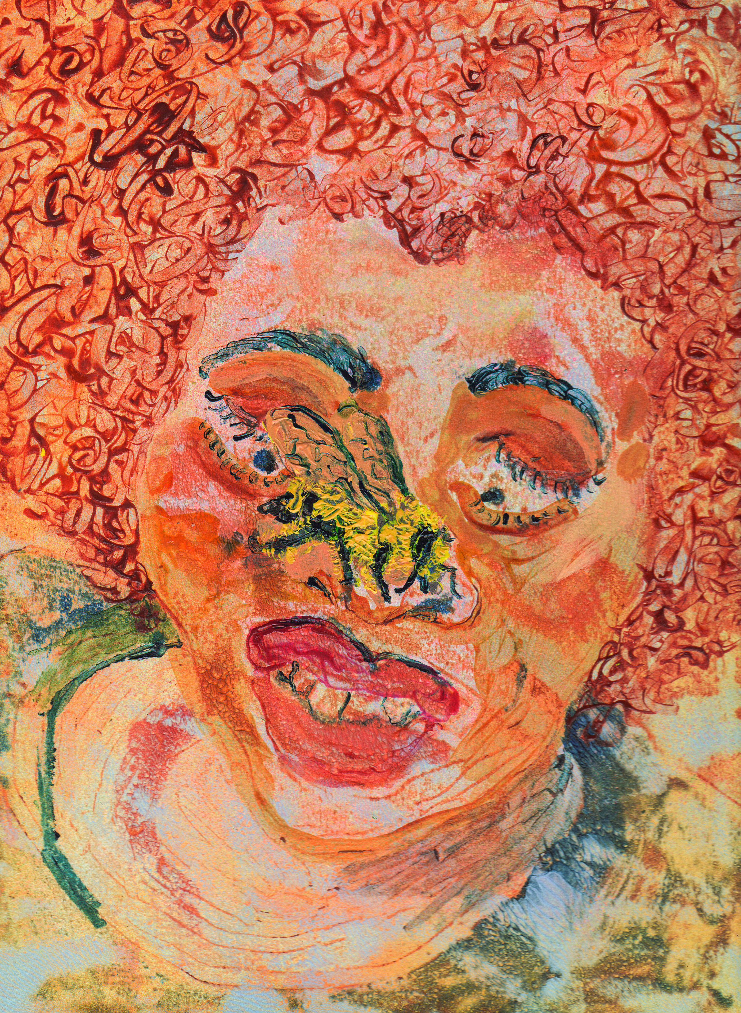 Covered in Pollen (Deep Orange Shade), 2022. Gel Monoprint, Acrylic on Paper, 9 x 12 inches.