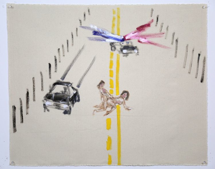 No One Will Be Watching Us Why Don't We Do It In the Road. Oil on raw canvas, 25 x 30 inches