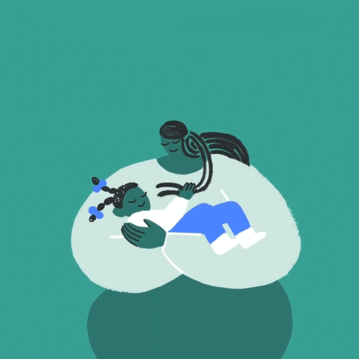 An animated loop of loving mom rocking her child up and down as she holds them in her arms.