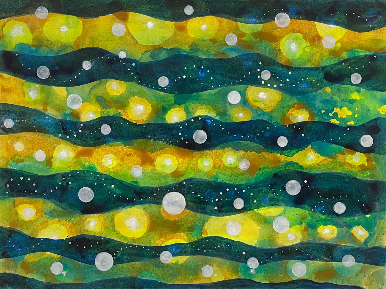 Sky Combers, acrylic on paper, 22" x 30", 2020, $2,500.