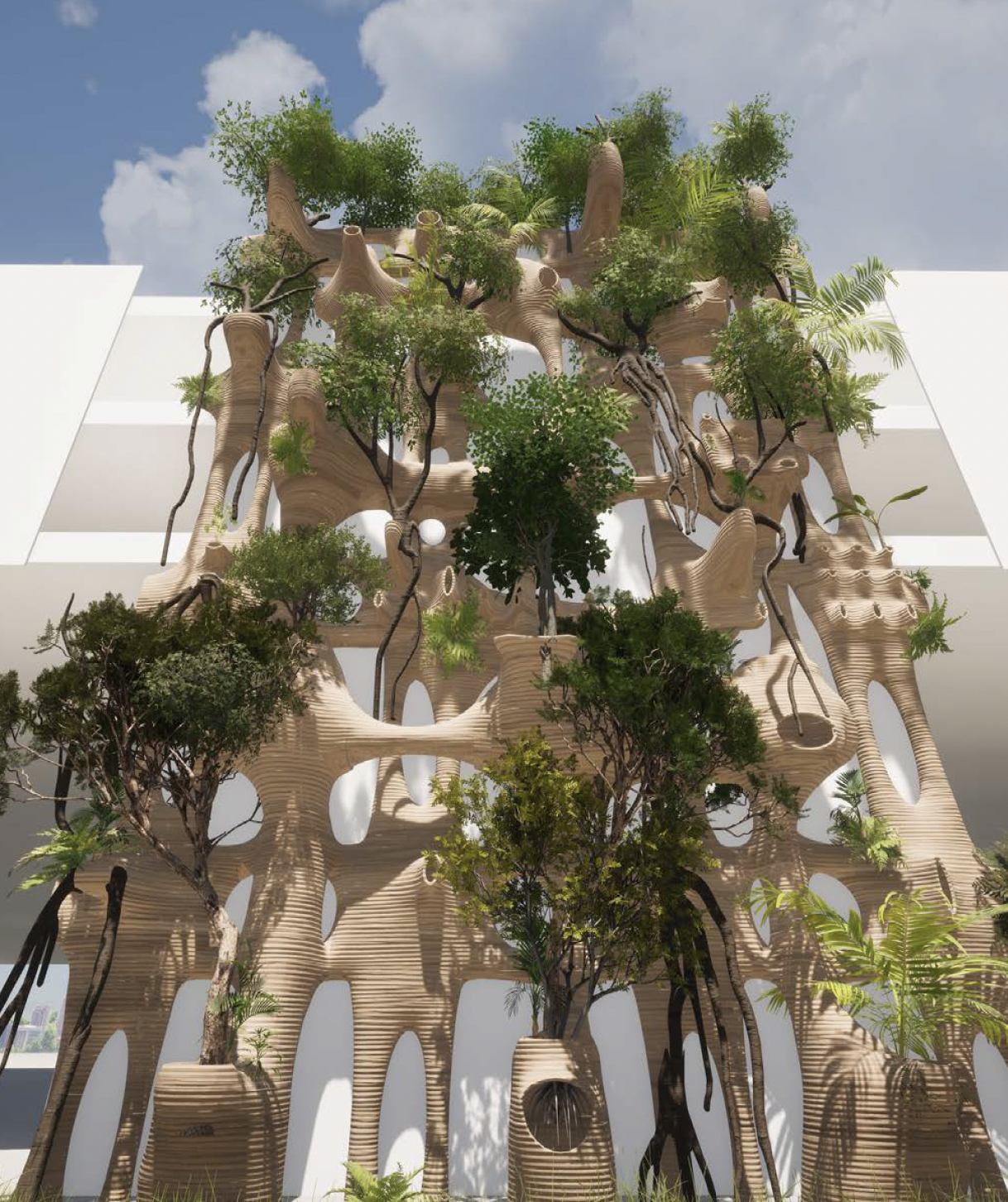 Mamoun Nukumanu - Living wall made of 3D printed clay guiding ficus aurea roots downwards.