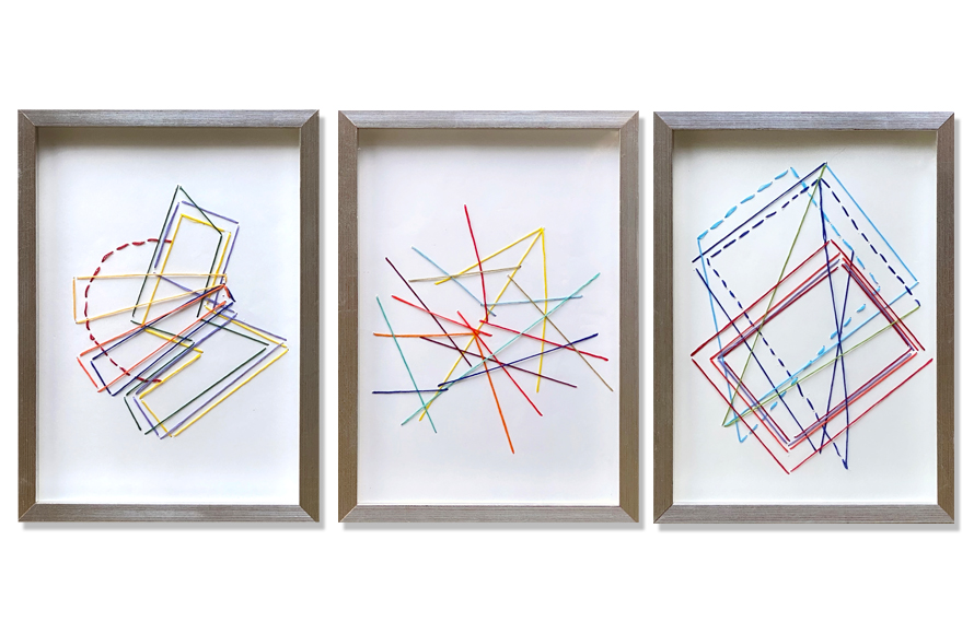 Inés Raiteri, Untitled #1, #2, #3, 2015. Silk threads on paper, 12.5 x 9 inches each.
