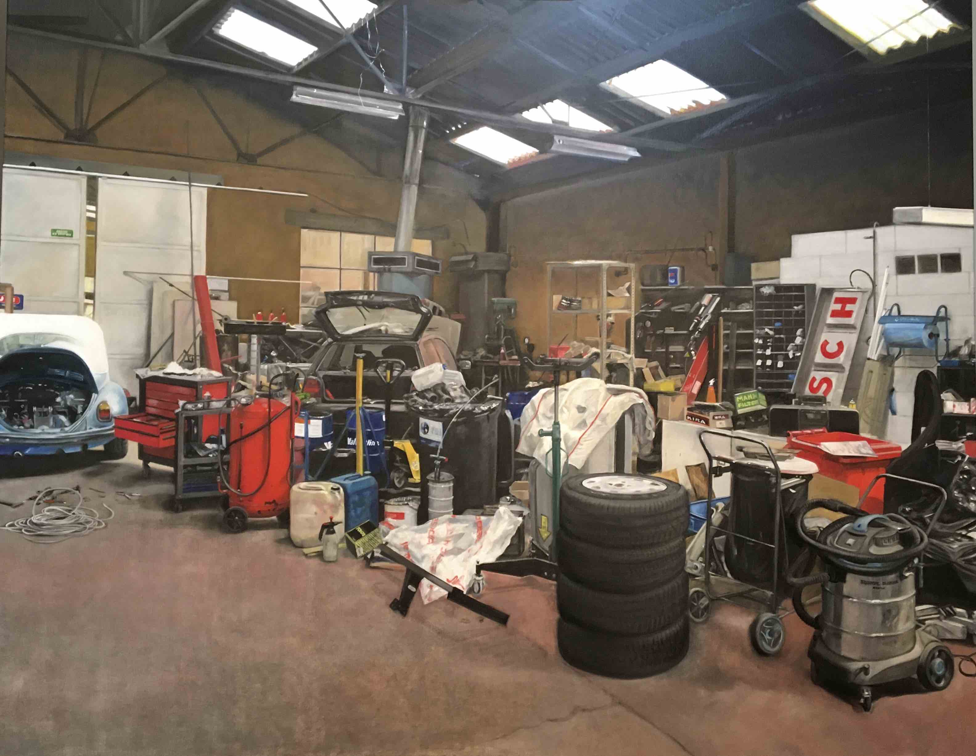 Bruno&rsquo;s Garage, 2020, huile sur toile, 120 x 150 cm.
