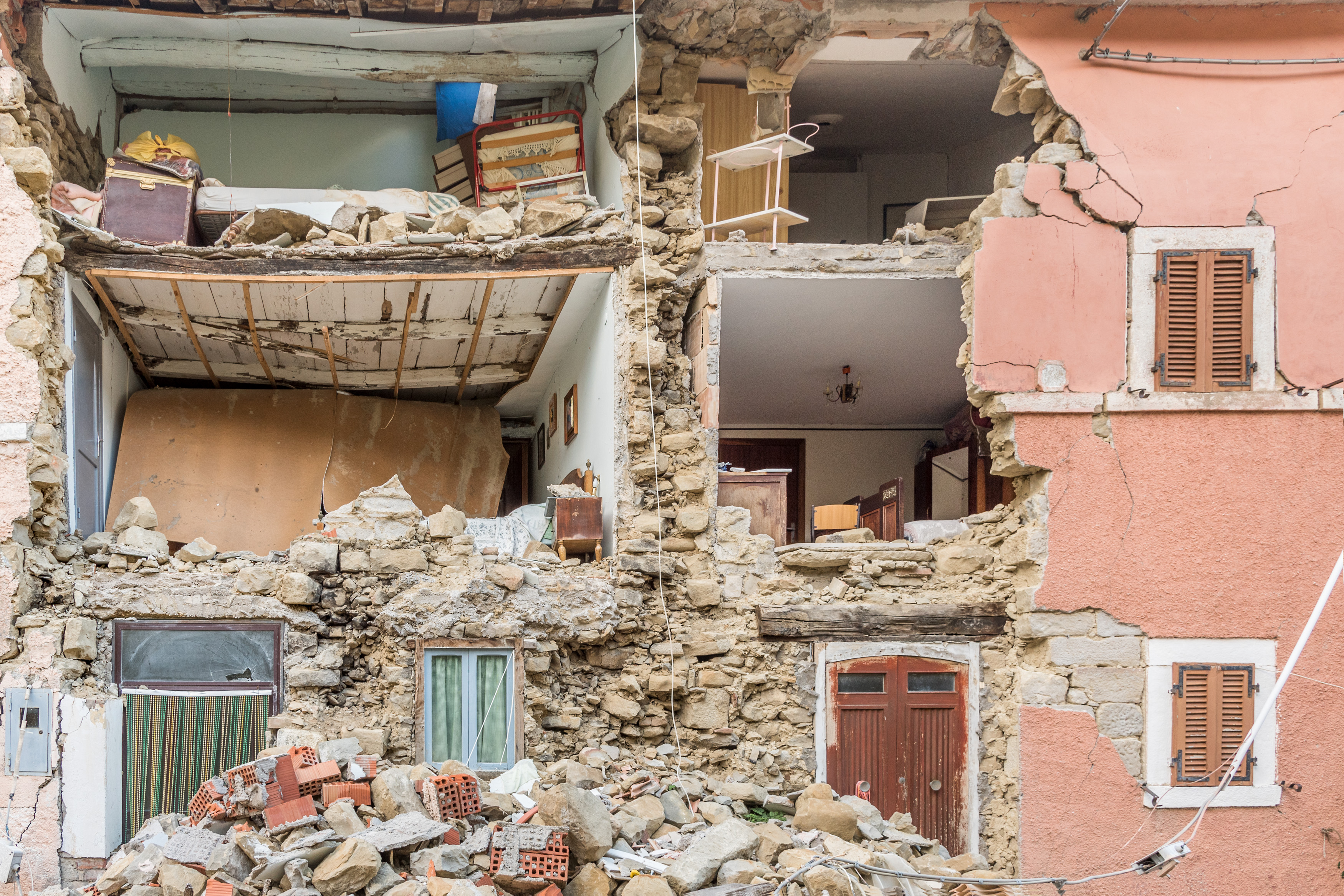 Rigo di Montegallo, Sibillini Mountains, Marche, Italy. November 2017. The time has stopped at 30 October 2016 in Rigo. Almost all the buildings are unsafe, the streets have not yet been freed from the rubble, some houses seem to have imploded inside them, others appear to have been removed from the façade, leaving the voyeuristic feeling to enter the home private dimension.