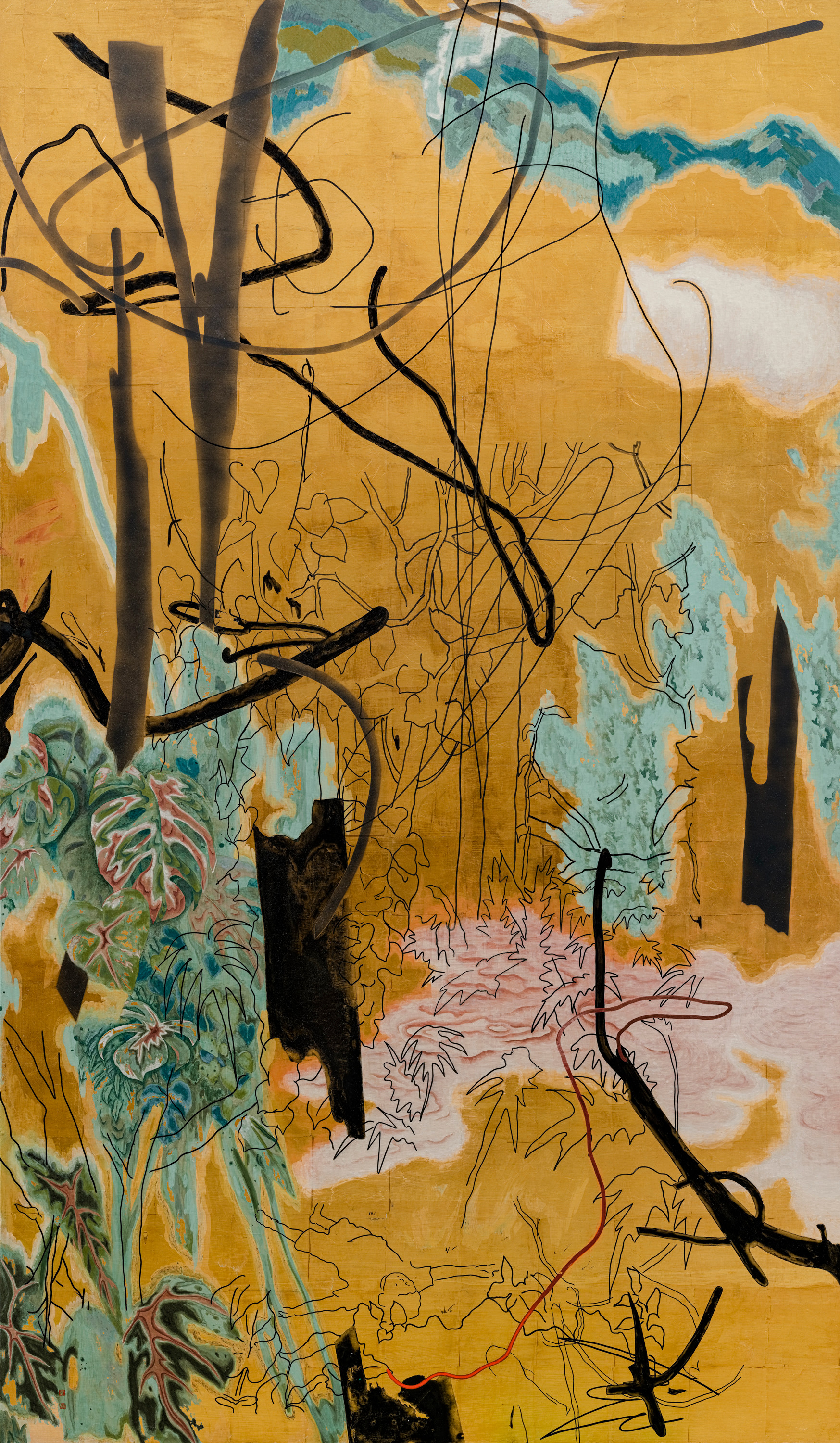 Chaos#12, 2022, mineral pigment, acrylic, metal foil on canvas, 240x140cm (94.5x55.1 in)