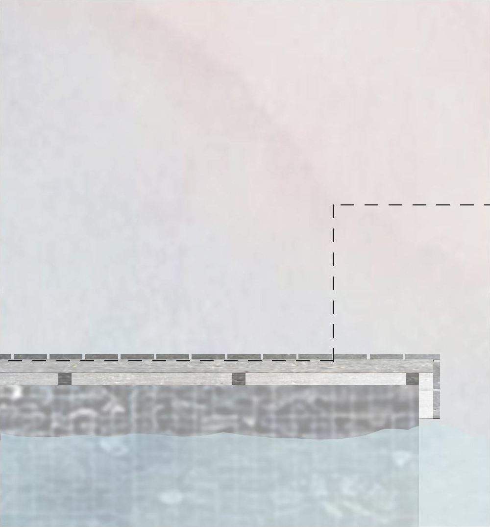 Under the pier; the gabions let the water trickled through, splashing into the irregular surface of the structure creating a unique melody. Waves pressing against the edge of the planks with a gulp. 