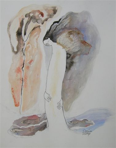 Vlinder in de kou Werk op papier 50 x 40 cm  Gebruikte technieken: aquarelverf, collage, oost indische inkt.  Dit werk is verkocht.