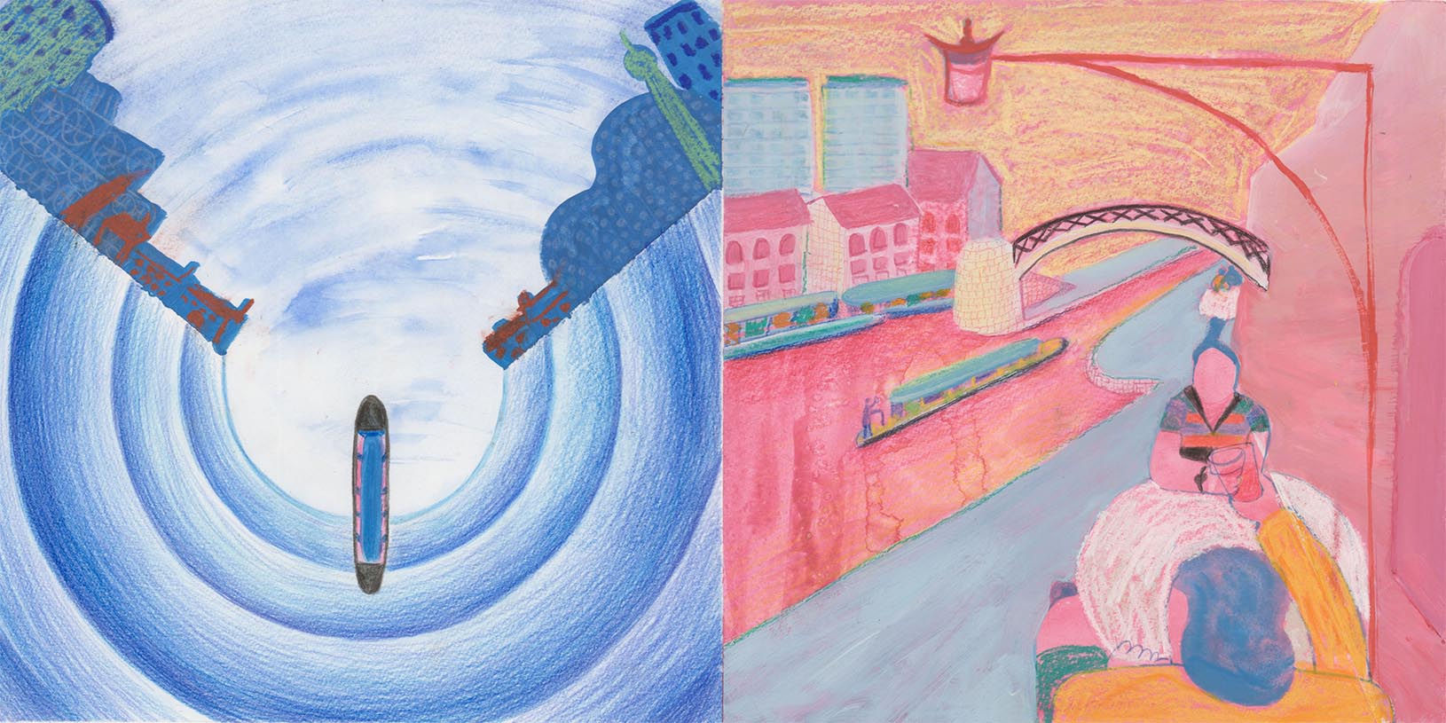 The dizzy view and Gas st, Watercolor and color pencil, A3 size, £390 (original artwork)