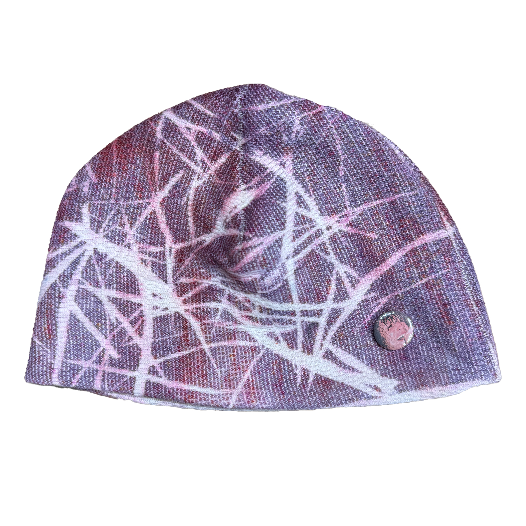 cut & sew beanie made from surplus vintage long john thermal, screen printed with dye on both sides, fitted with custom button