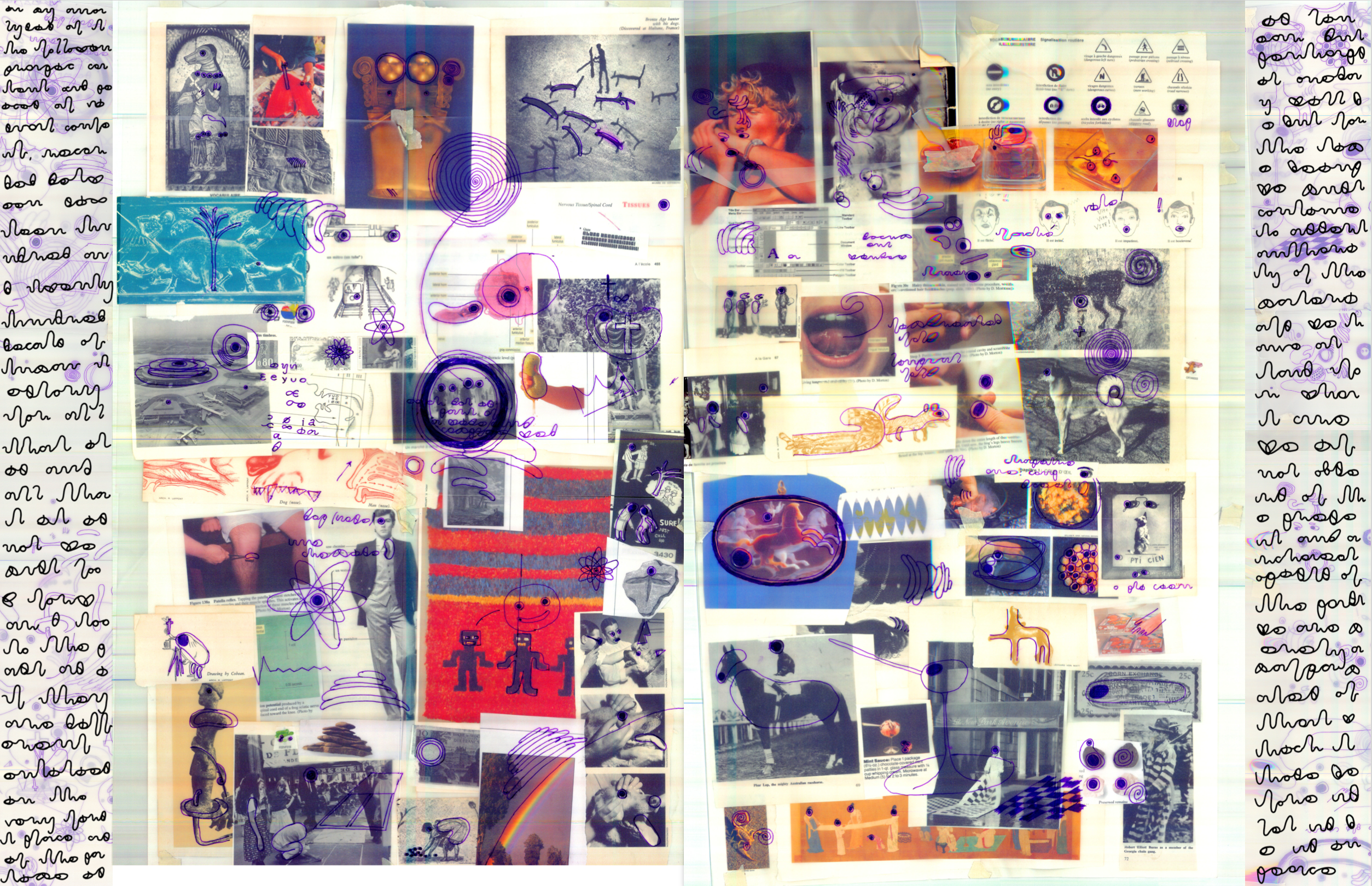 Magazine spread for Medium Design Collective, curation of artificially re-contextualized cultural artifacts; experimental alphabet & text: Cut-and-paste collage, ink, vellum, scanner, 2022