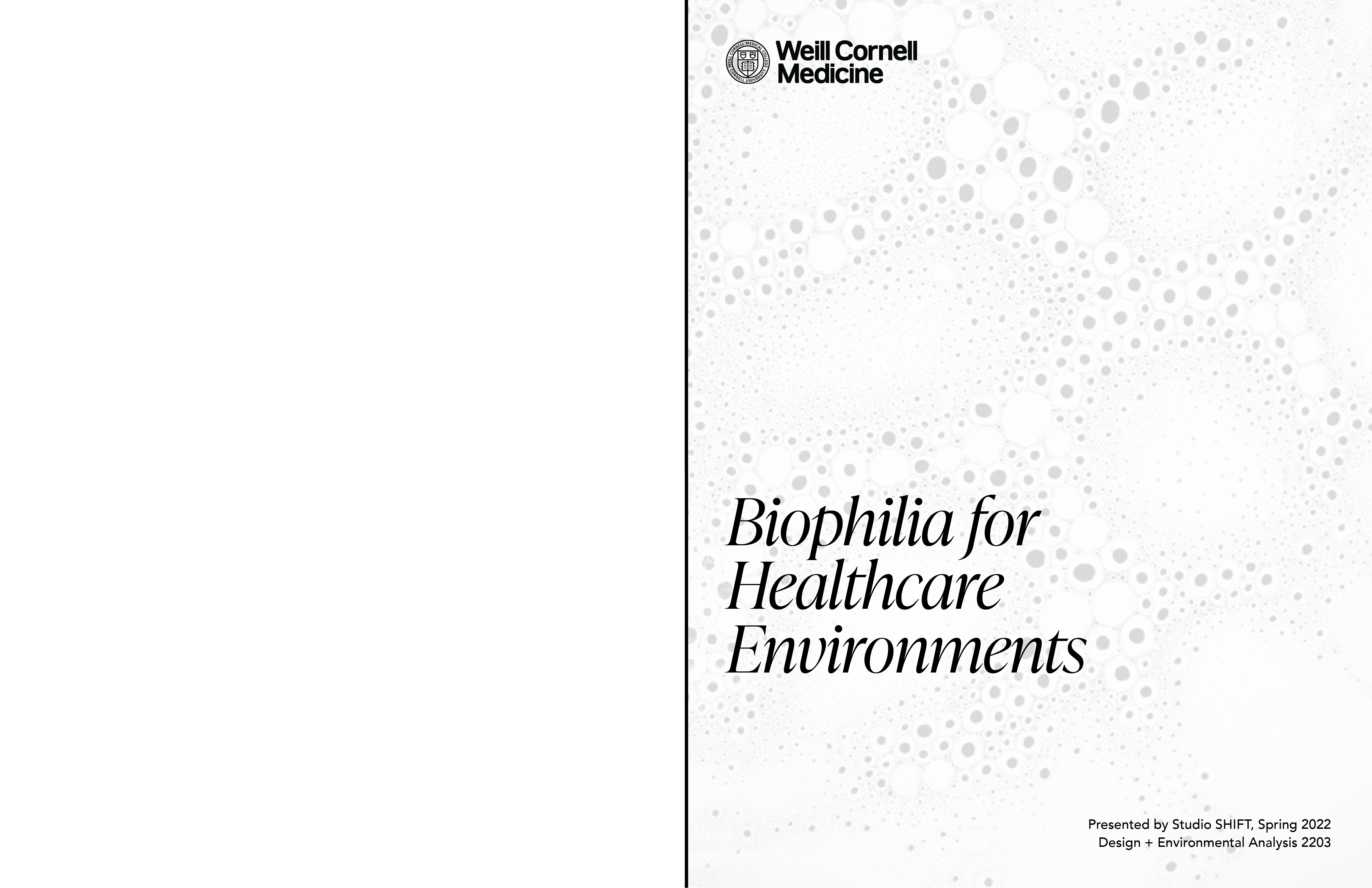Selected spreads from a 54-page resource document on biophilic design principles for application in healthcare environments. This report was made by my sophomore year studio in collaboration with Weill Cornell Medicine. I was appointed lead graphic designer, independently generated the style guide, oversaw content generation and formatting, and assembled and designed the final document: Adobe InDesign, 2022 