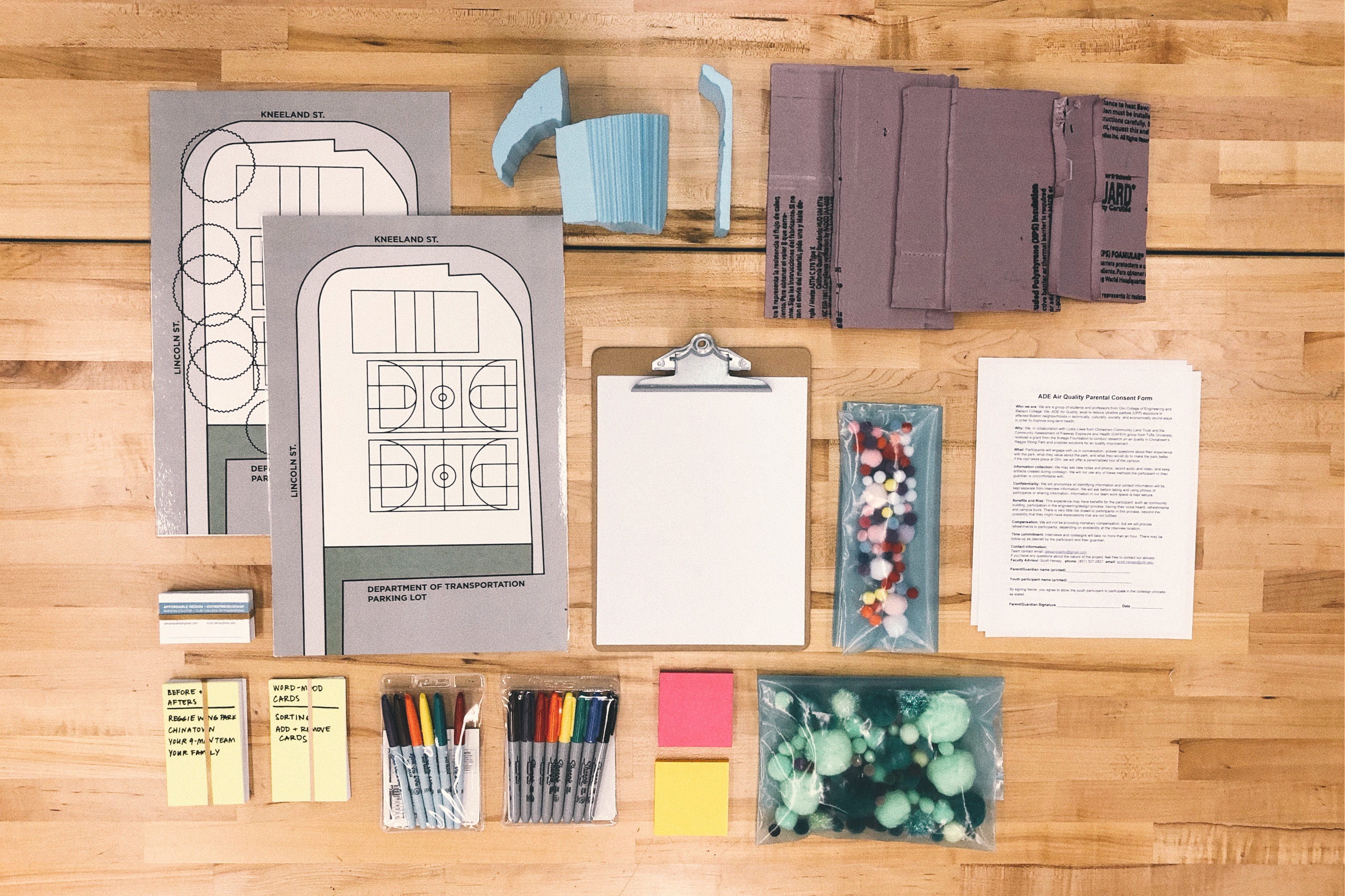 Our co-design kit included word-mood cards, before and after cards, and materials for sketching ideas on paper and modeling interventions with craft materials on scale drawings of Reggie Wong Park.