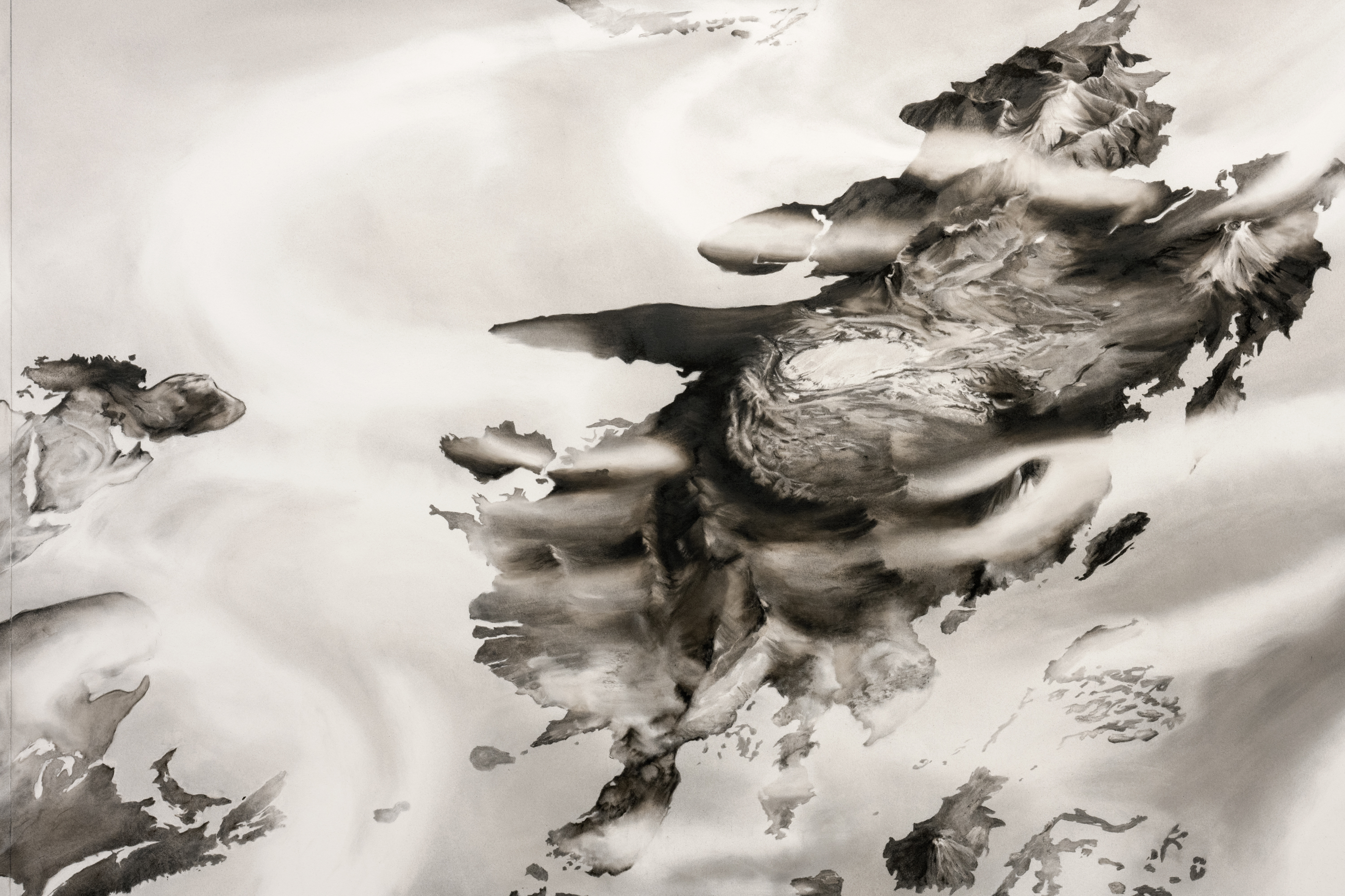 Inventaire (terrains, côtes, reliefs, climats, distances). 2023. Charcoal on canvas / fusain sur toile. 90" x 222" (229 x 564cm)