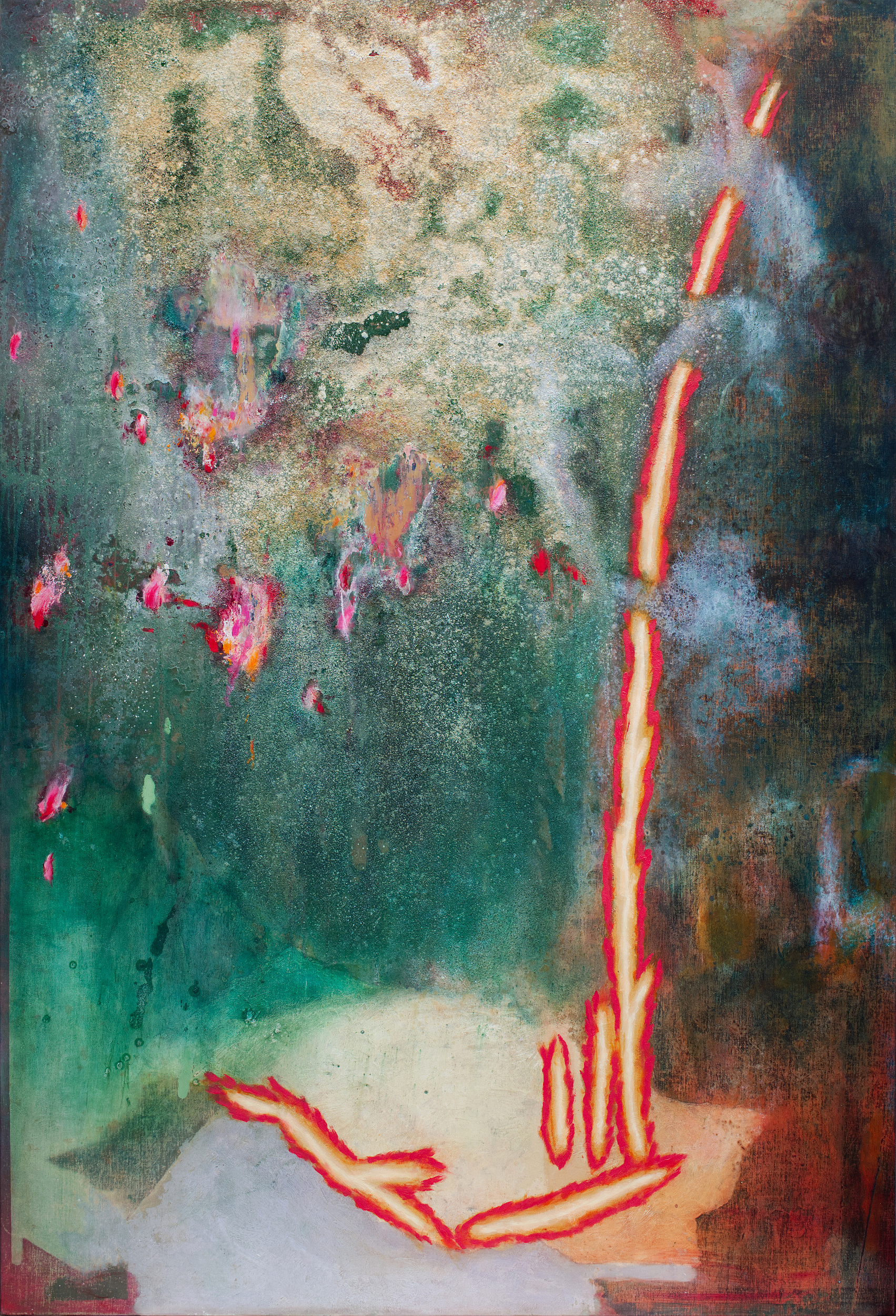 Elements, oil, laquer, sawdust and pigments on linen, 200x135 cm, 2015-2025